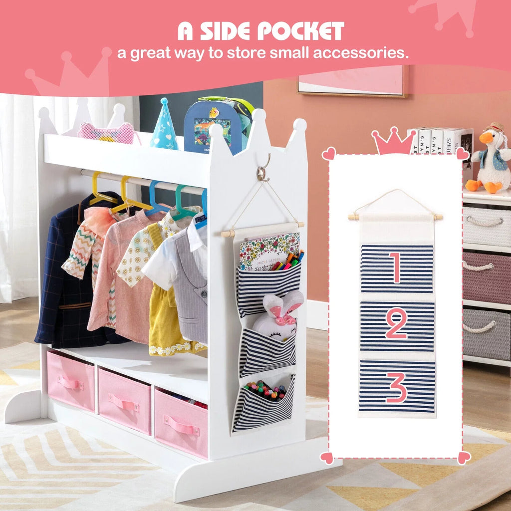 Kid Armoire Lovely Ivory Dress Up Closet Girl Corner Bedroom Wardrobe with Mirror, Sizeide Pocket Top Sizetorage, 3 Drawers