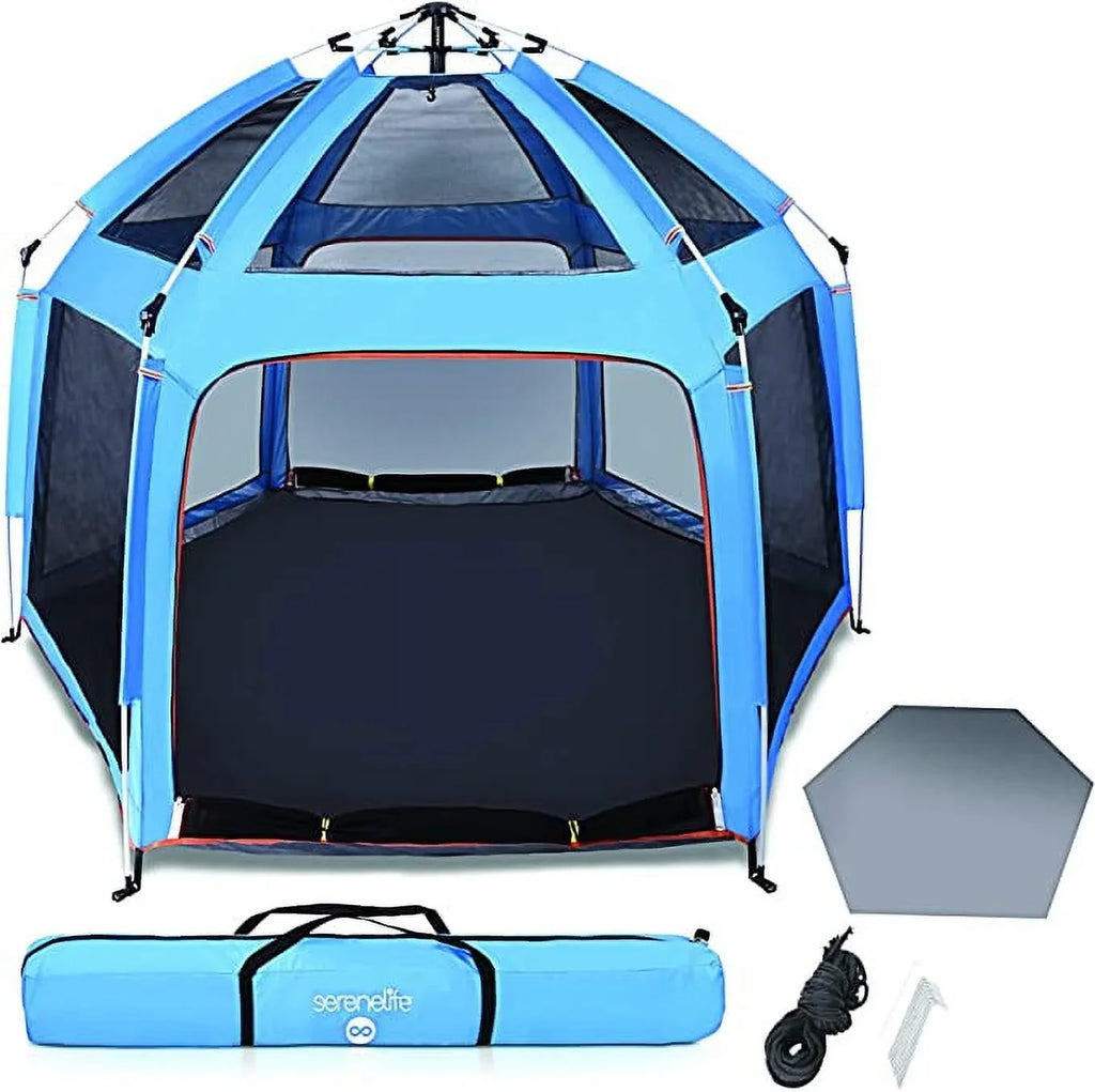 Sizeerenelife On-The Go Baby and Toddler Pack and Playpen W/ Canopy, 5 Panel Mattress, (Blue)