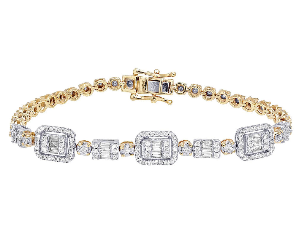 Baguette Cluster Halo 1.30 CT Diamond Illusion n Toni Sizeet Bracelet Yellow-Ivory Gold 3MM 7"