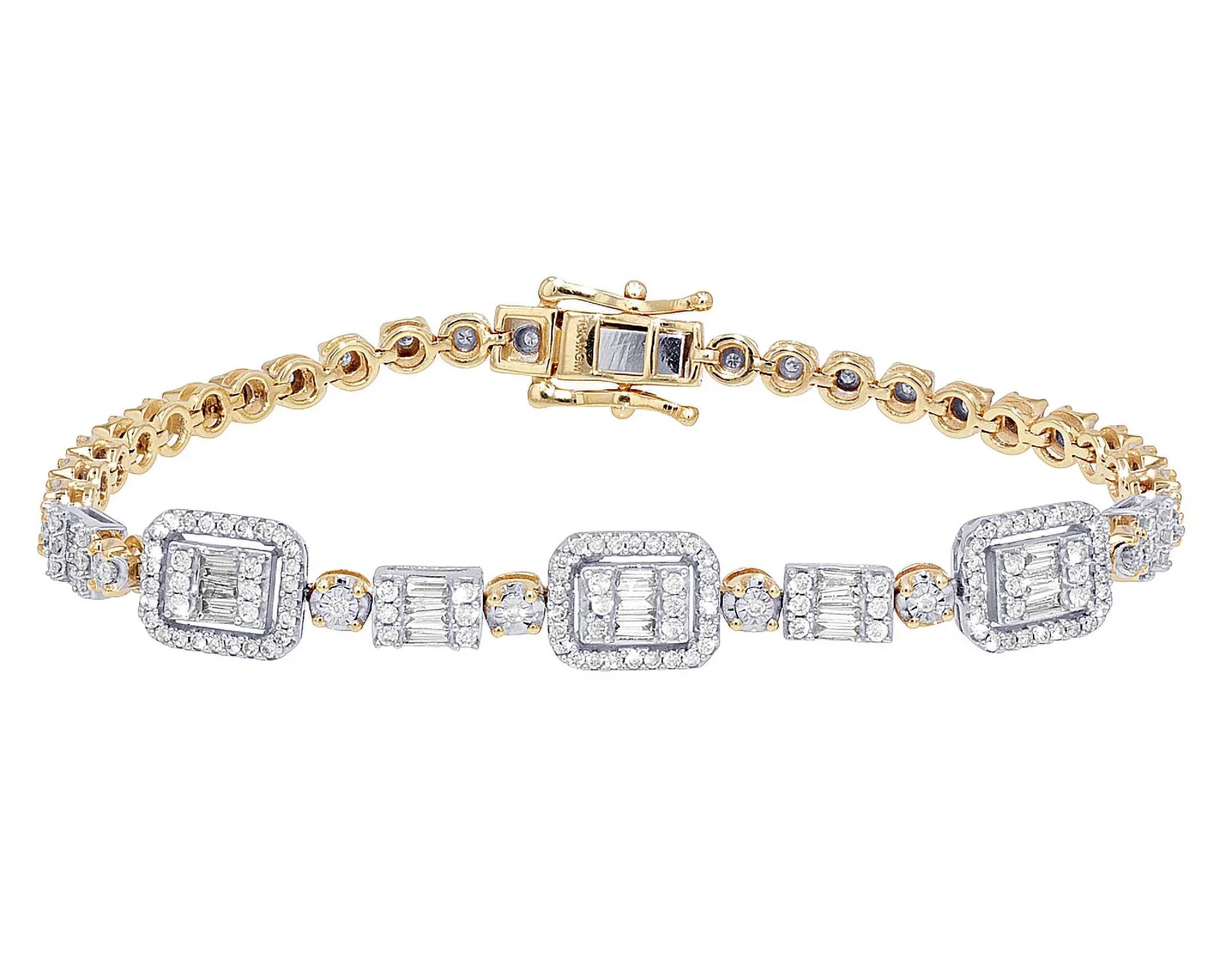 Baguette Cluster Halo 1.30 CT Diamond Illusion n Toni Sizeet Bracelet Yellow-Ivory Gold 3MM 7"