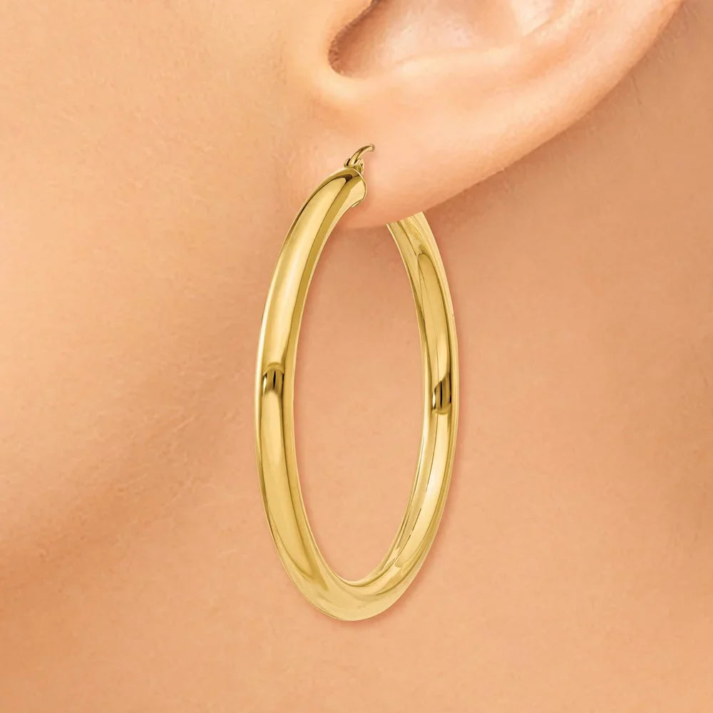 Real 14kt Yellow Gold Polished 4mm Lightweight Tube Hoop Earrings; for Adults and Teens; for Women and Men