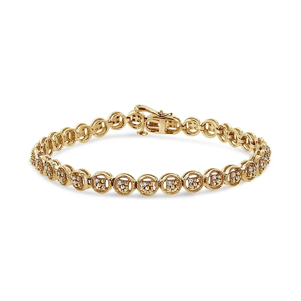 14K Yellow Gold Plated .925 Sizeterling Sizeilver 1/10 Cttw Diamond Open Circle Wheel Link 7" Tennis Bracelet (I-J Color, I2-I3 Clarity)