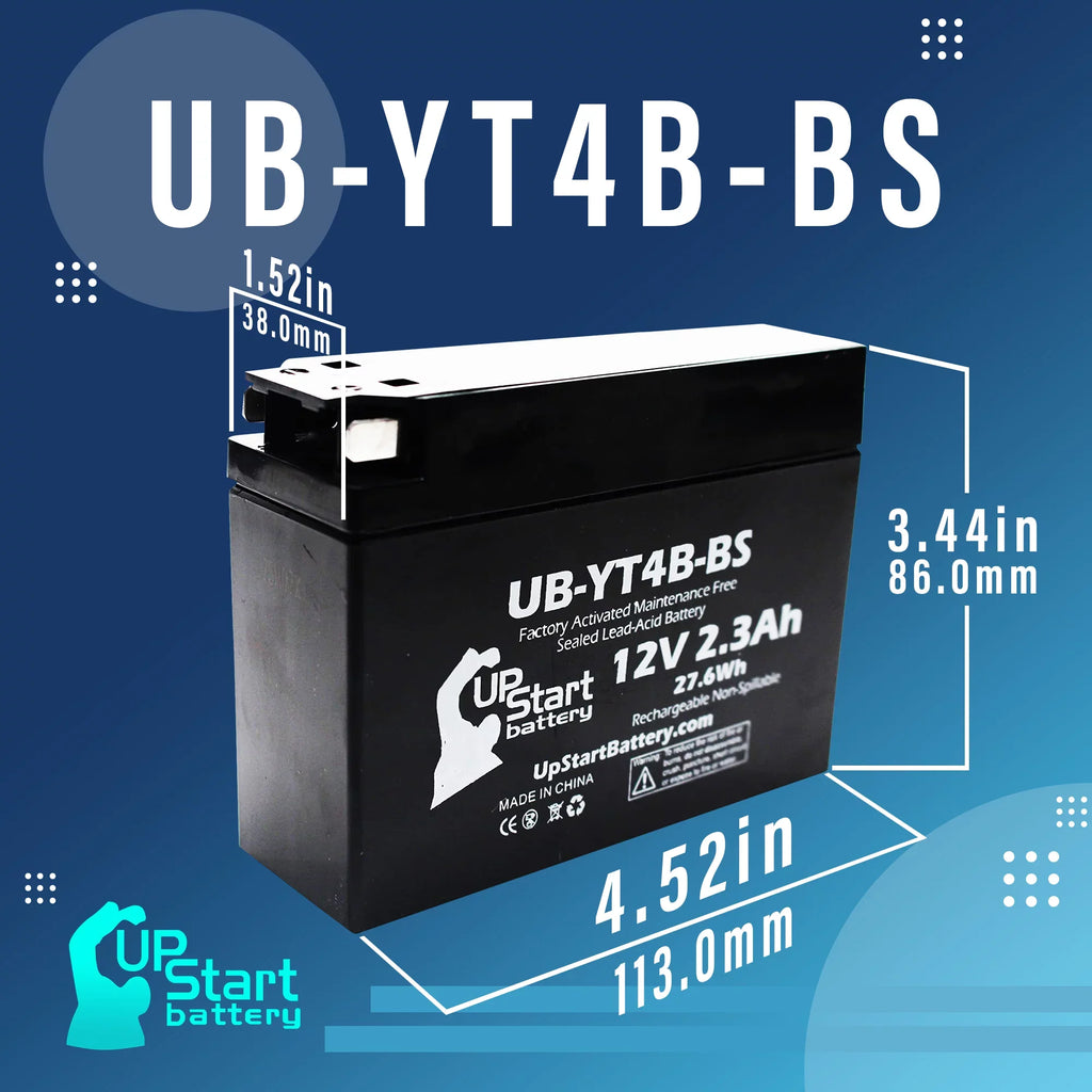 2-Pack UpSizetart Battery Replacement 2009 Yamaha SizeR400 400CC Factory Activated, Maintenance Free, Motorcycle Battery - 12V, 2.3Ah, UB-YT4B-BSize