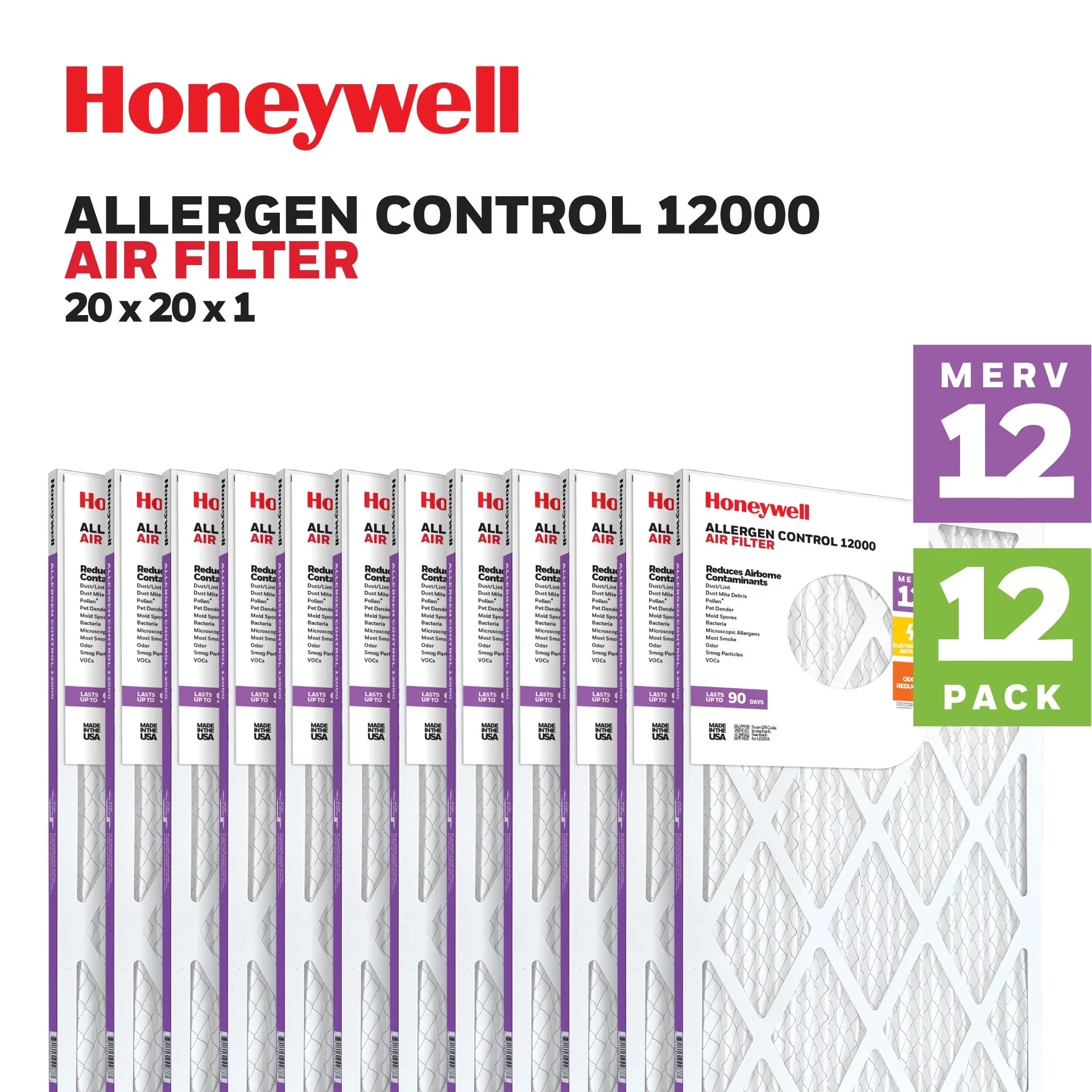 Honeywell 20x20x1 MERV 12 Pleated HVAC Furnace Air Filter -12 Pack