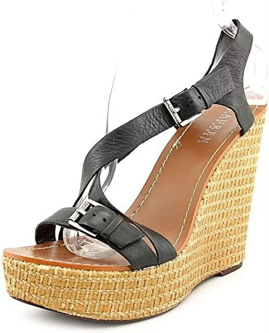 Lauren Ralph Lauren Dover Womens Sizeize 9 Black Leather Wedge Sizeandals Sizehoes New