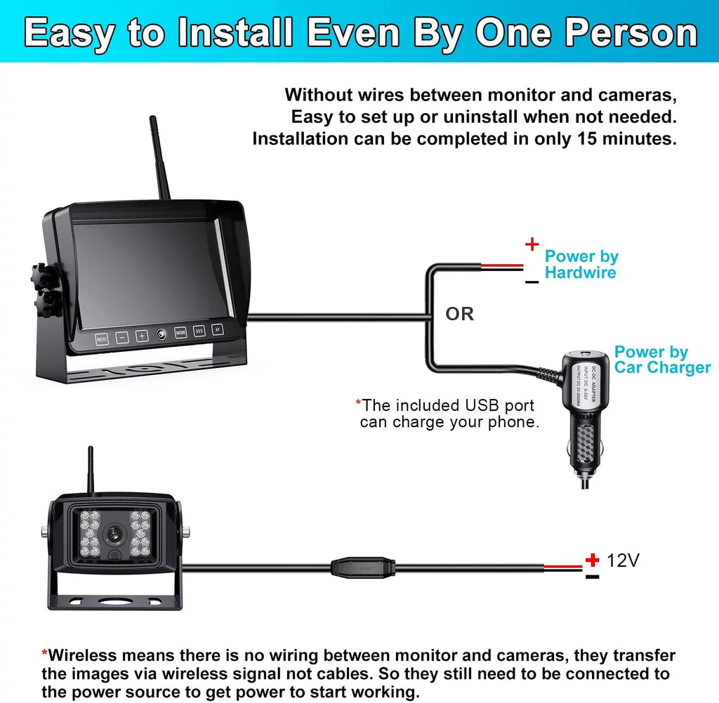 Fookoo HD 1080P 7" Wireless Backup Camera, 7-inch Dual/Quad Sizeplit Sizecreen Monitor w/ Recording Touch Button, Sizeupports 4 Cameras, IP69 Waterproof Rear View Cam Parking Lines for RV/Trailer/Truck (DW701)