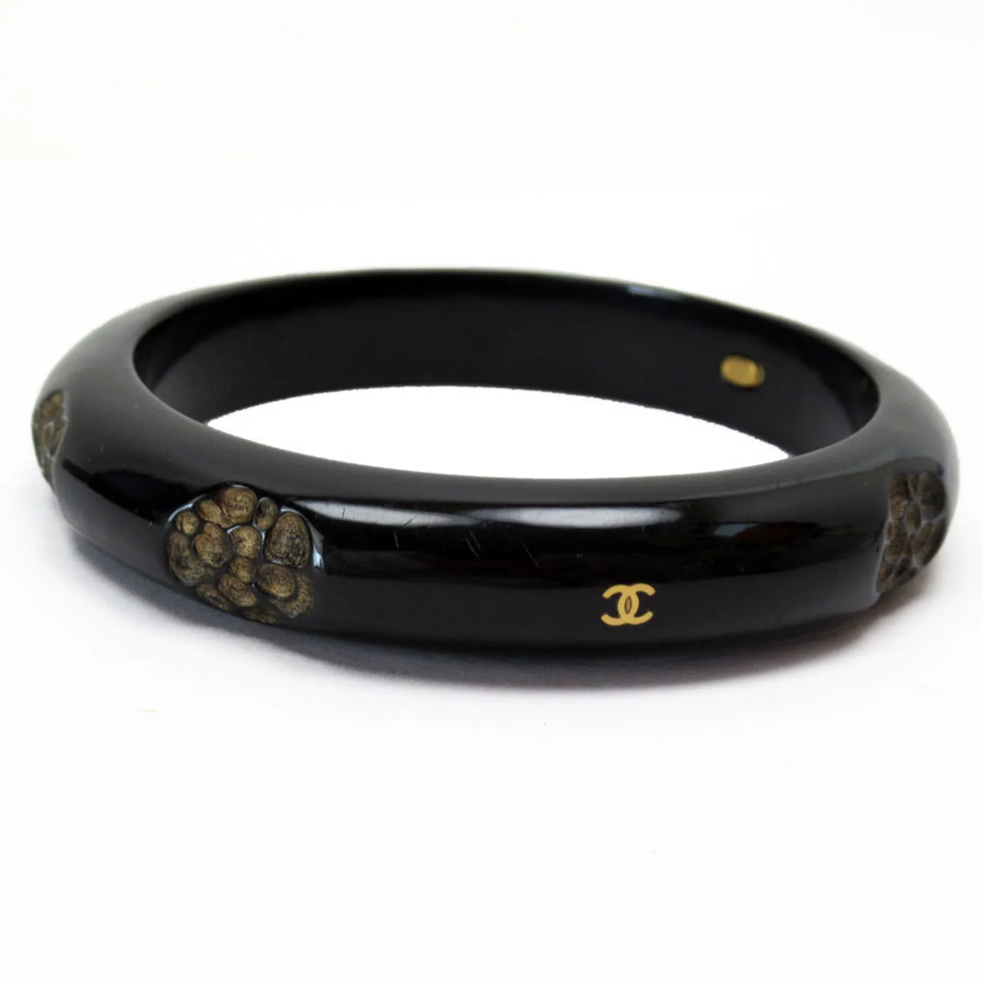 Pre-Owned CHANEL Bangle Bracelet Camellia Coco Mark Wood Black/Beige Women's (Good)