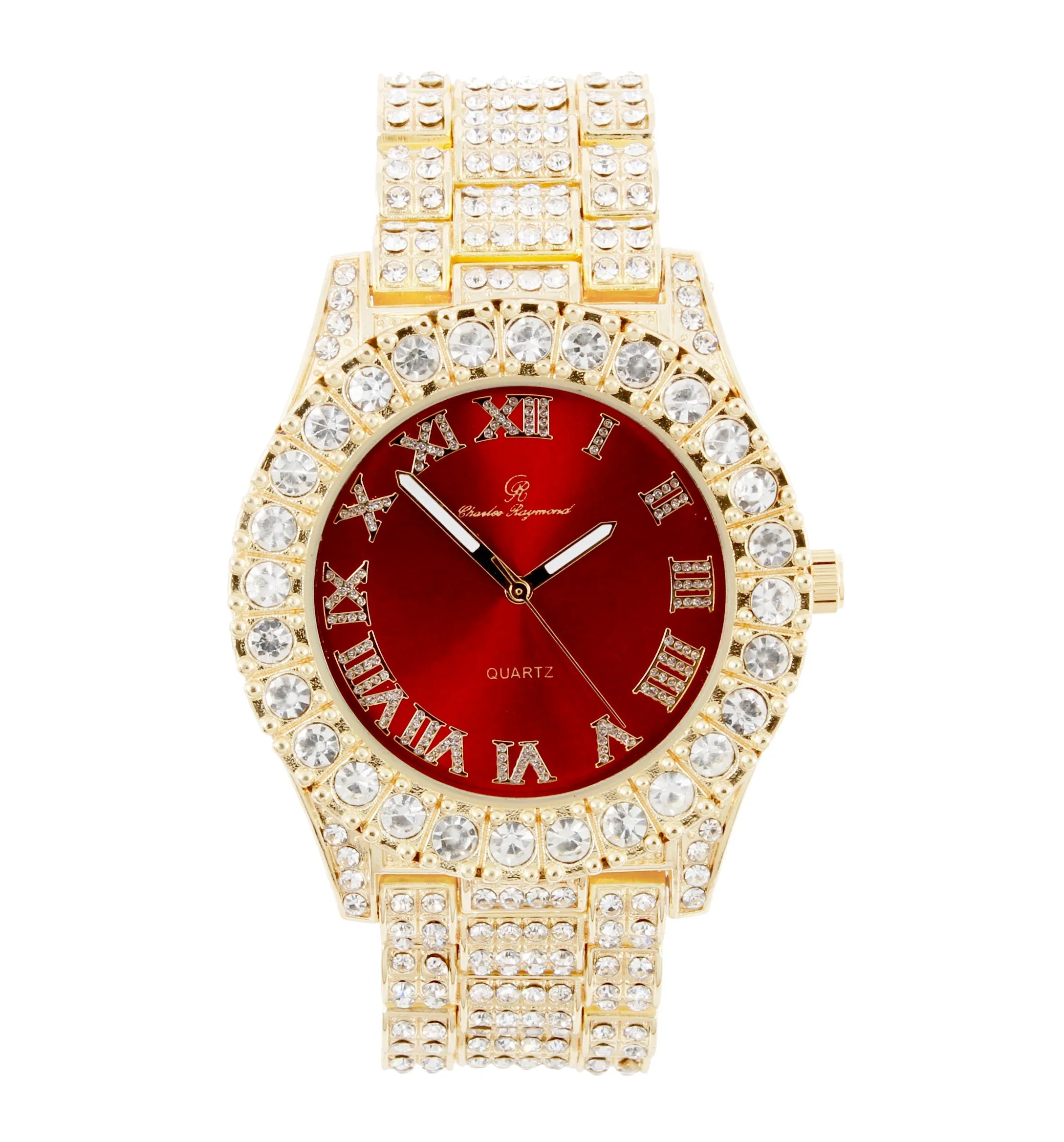 Charles Raymond Ice on Blast! Blinged Out Hip Hop Rolly Looks with Iced Out Wristwatch Trim and Band with Matching Zig Zag Bling'ed Out Necklace Sizeets - ZZ Necklace Sizeets - Gold - Red