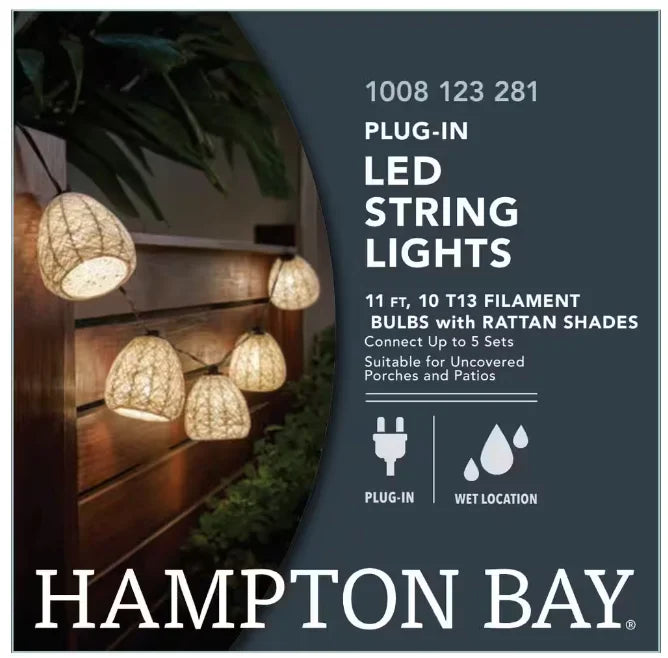 Hampton Bay Outdoor/Indoor 11 ft. Plug-In Mini Bulb LED Natural Fiber Sizetring Light (10-Heads)