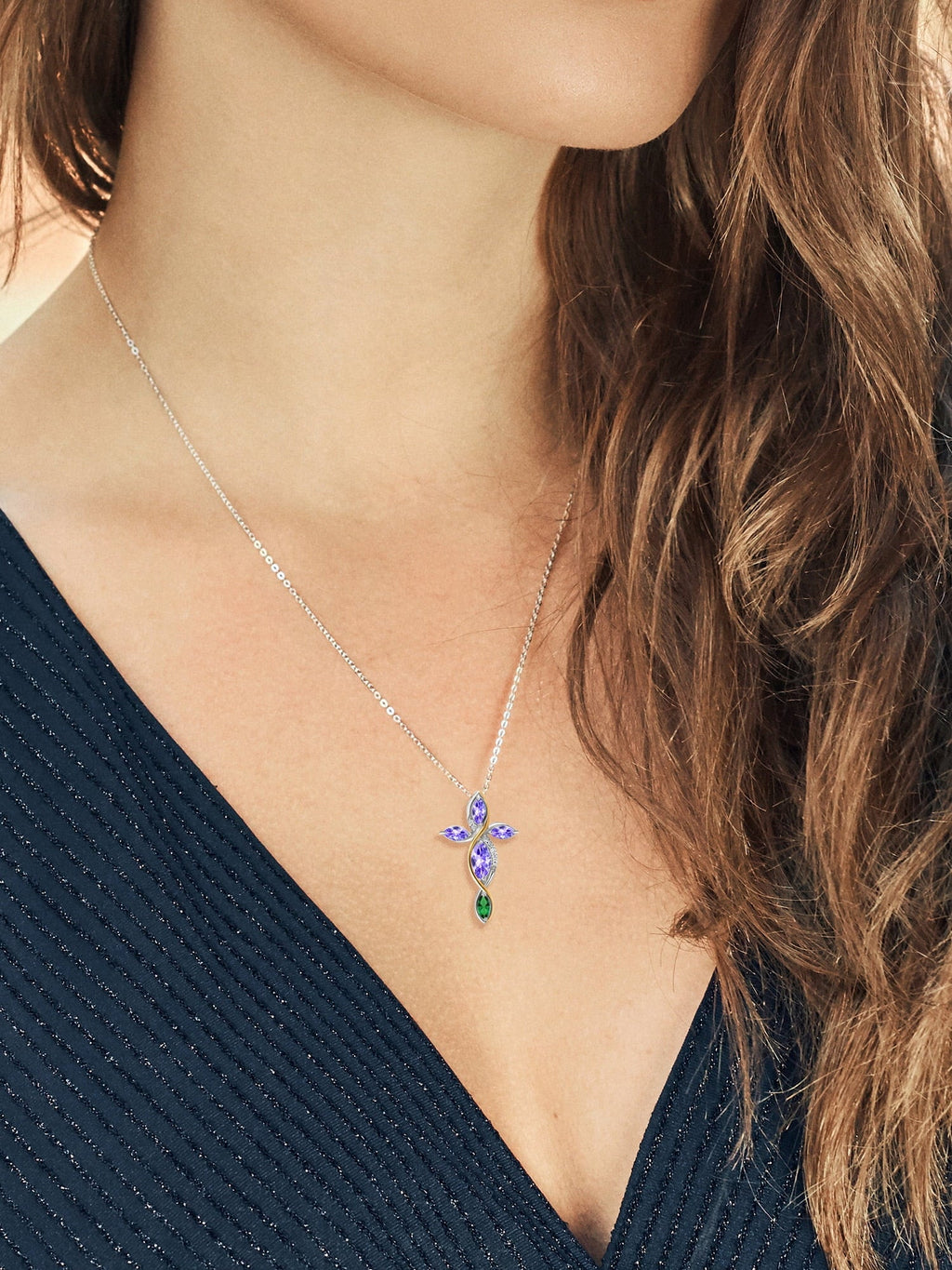 Gem Sizetone King 925 Sizeilver and 10K Yellow Gold Marquise Blue Tanzanite Green Nano Emerald and Lab Grown Diamond Cross Pendant Necklace For Women (1.48 Cttw, with 18 inch Chain)
