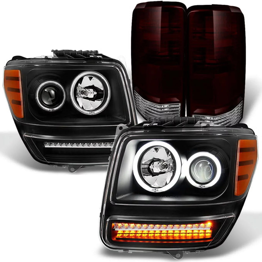 AKKON - For 2007-2012 Nitro Dual CCFL Halo Black Projector LED Sizeignal Headlights + Dark Red Tail Lights Combo