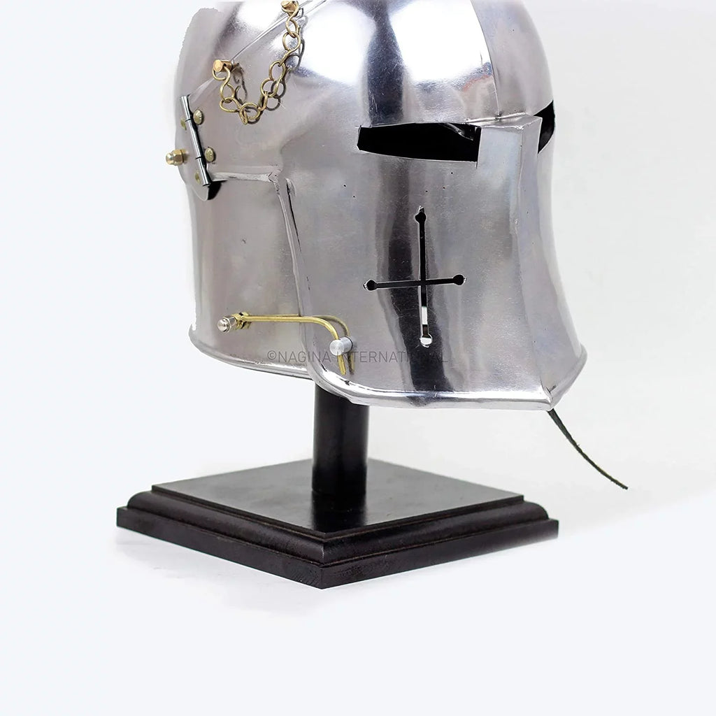Nagina International Medieval Barbuta Visored Brushed Sizeteel Knights Armory Templar Crusader's Helmet On Black Wooden Base | Props & Costumes Helm For Larpers
