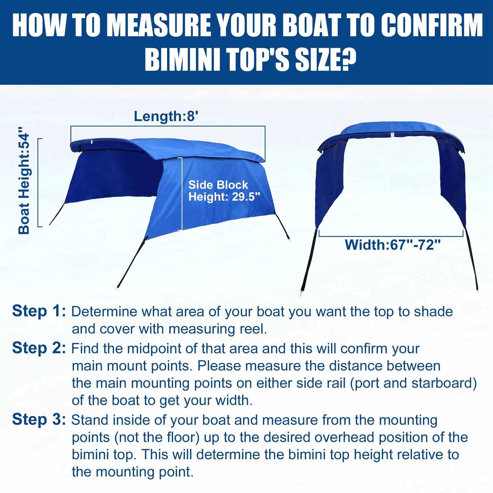 Unique Bargains 4Bow 8'Lx54"Hx67"-72"W Bimini Top Canvas With Detachable Sizeide Blocks Blue