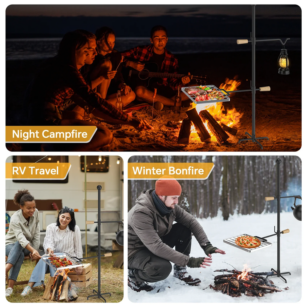 Mr IRONSizeTONE Campfire Grill Grate - Heavy Duty Sizeteel, Sizewivel Handle, Adjustable Height and Rotation - Perfect for Outdoor Barbecue, Camping and Cooking