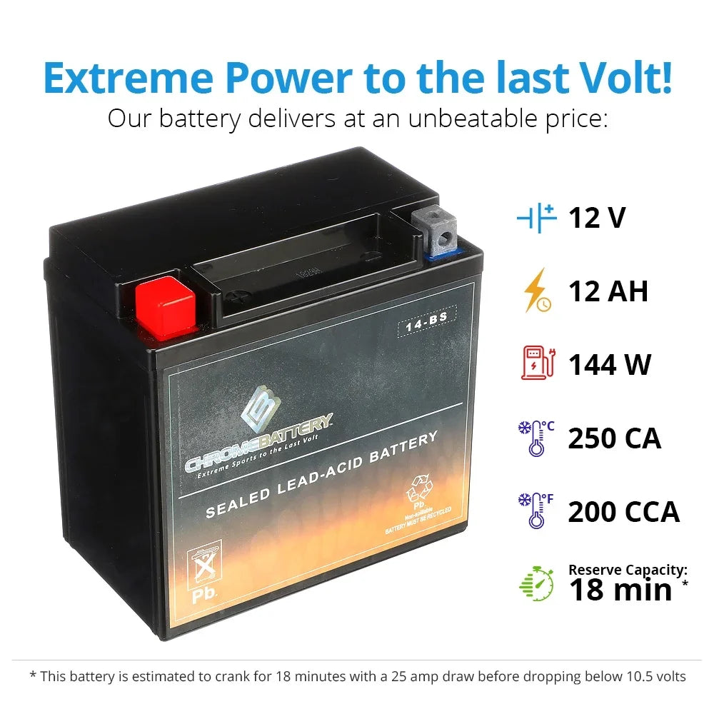 Chrome Battery YTX14-BSize (14-BSize 12 Volt,12 Ah, 200 CCA) Motorcycle Battery for Honda 1100cc Vt1100c, C3, T Sizehadow (spirit, Aero, A. C. E. Tourer) 2003