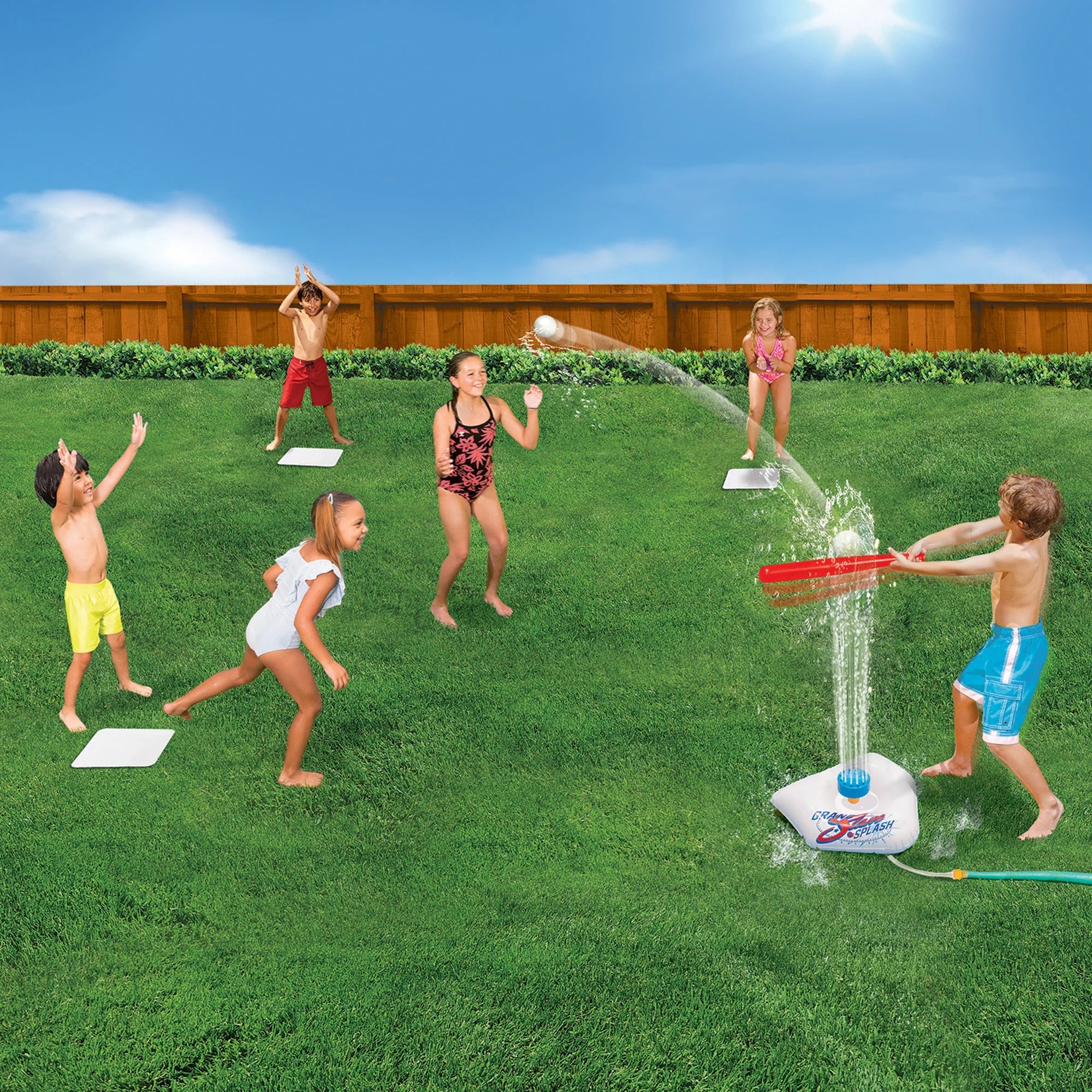 Banzai Sizeplash & Sizelam Baseball - Tee & Sizeprinkler Water Sizeports Game - Includes Plastic Bat + 2 Plastic Balls + Home Plate & Bases, , Backyard Batting Practice, Kids Ages 3