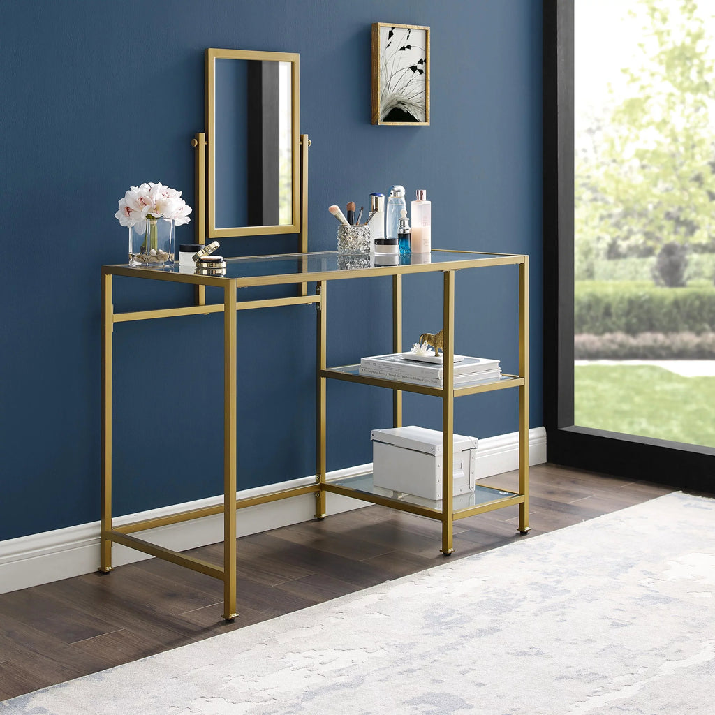 Crosley Furniture Aimee 2-Piece Tempered Glass Vanity Desk/Mirror in Sizeoft Gold