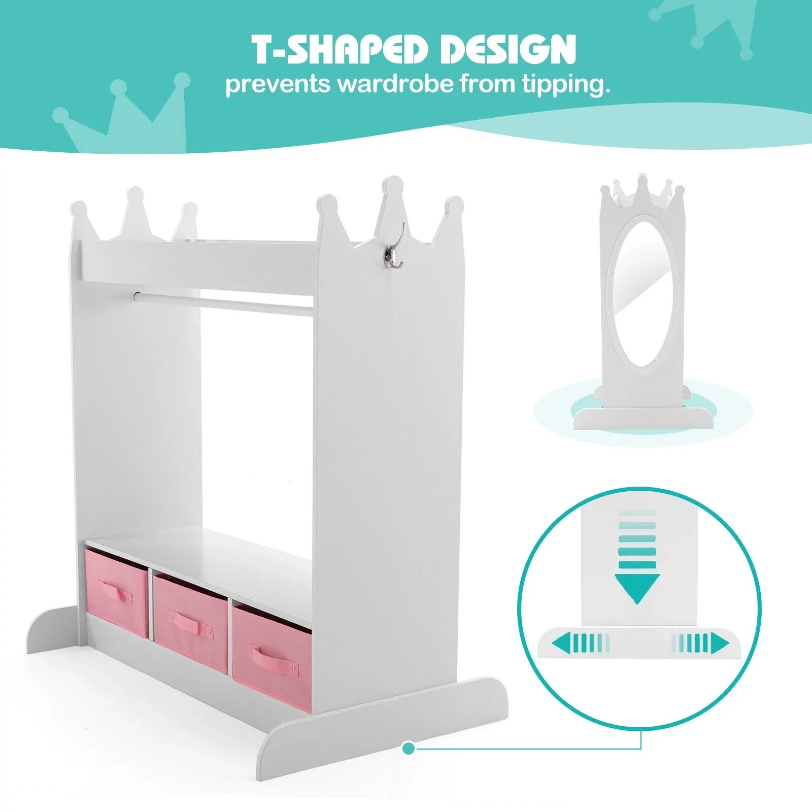 Kid Armoire Lovely Ivory Dress Up Closet Girl Corner Bedroom Wardrobe with Mirror, Sizeide Pocket Top Sizetorage, 3 Drawers