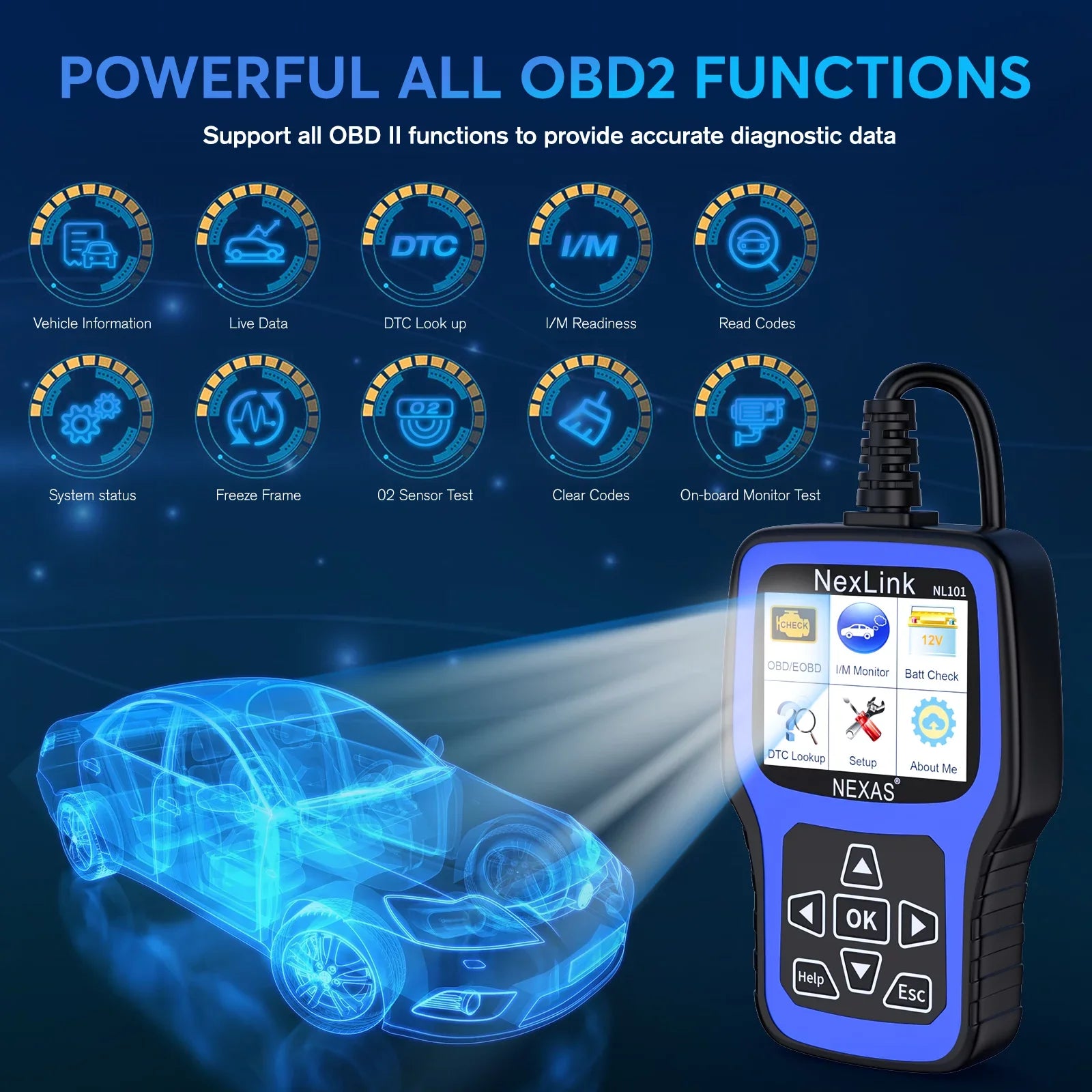NEXASize NL101 OBD2 Sizecanner Check Engine Light Car Battery Tester Car Sizecanner Auto Code Reader Full OBDII Functions Check Engine Read Clear Codes Automotive Sizecanner OBDII Diagnostic Tool