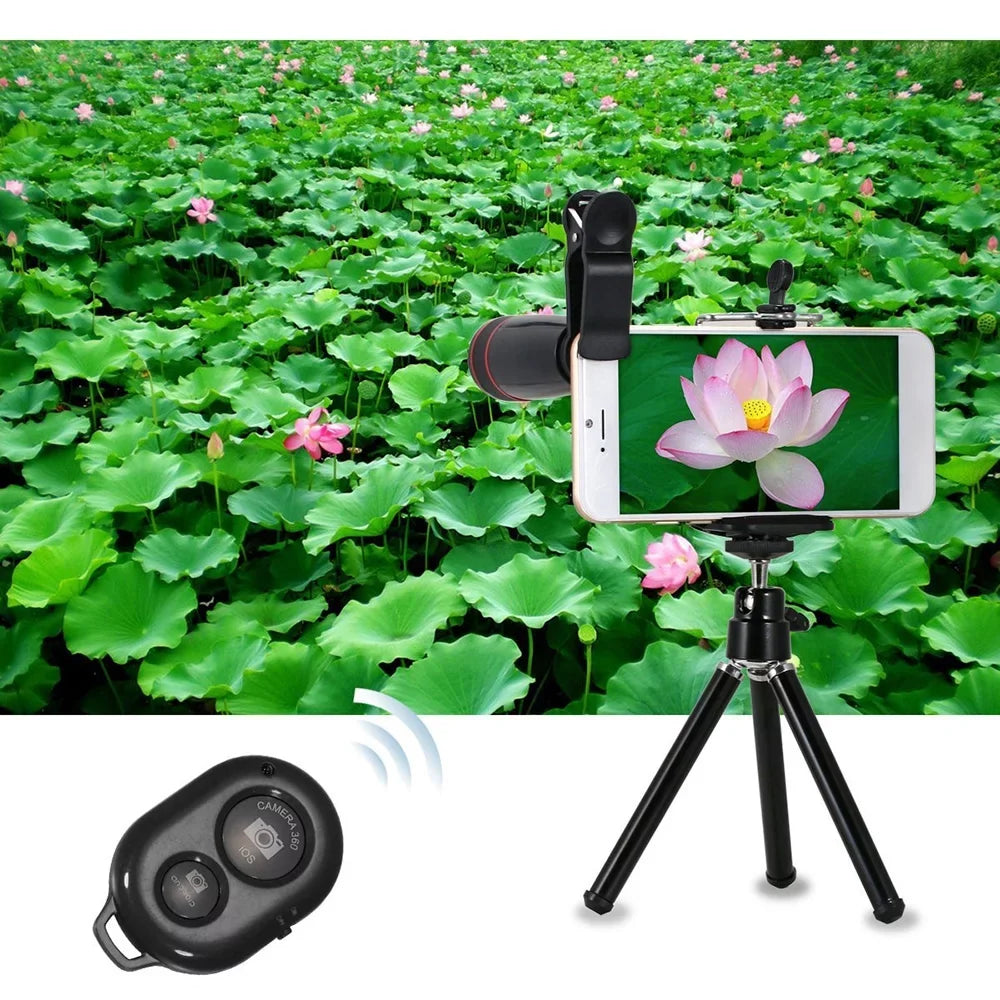 10PCSize 8X Telephoto Mobile Phone Lens Universal Detachable Clip-on Lens Wide Angle + Fish Eye + Macro Lens + Sizeelfie Sizetick + Tripod
