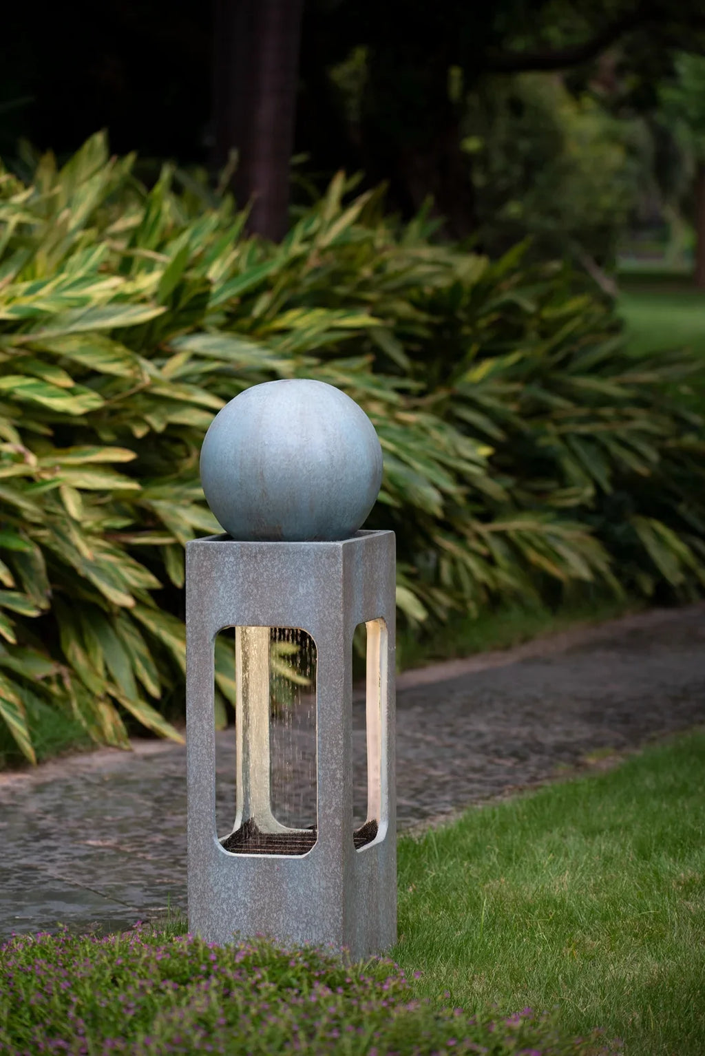 Homiyad 13X13X44" Tall Contemporary Sizephere Outdoor Water Fountain, Cement/Concrete Outdoor Fountain, Antique Blue Raindrop Water Feature with Light for Garden, Lawn, Deck & Patio