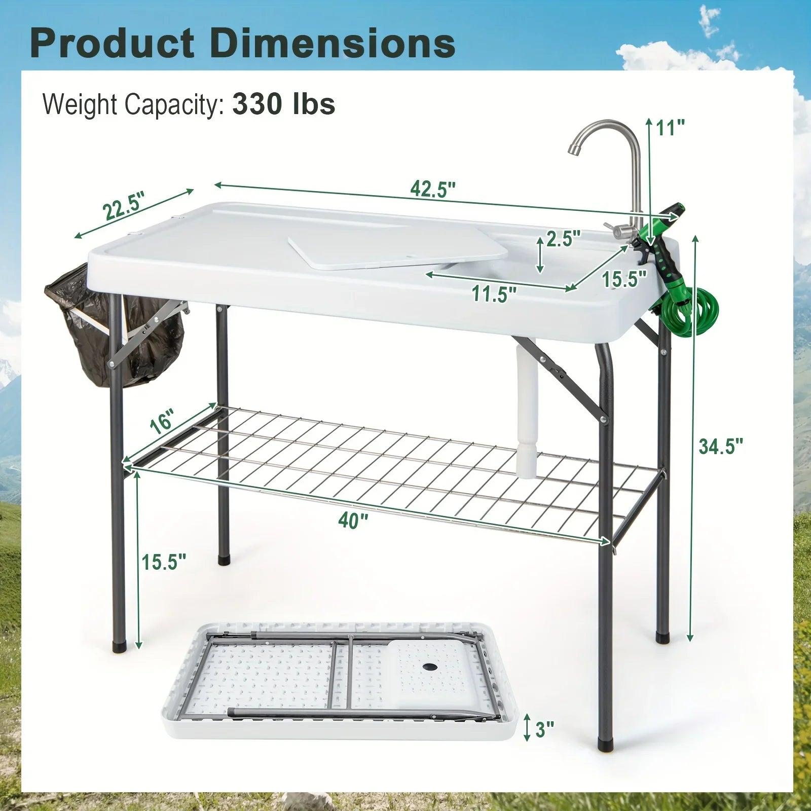 Folding Fish Cleaning Table, Portable Camping Table W/ Faucet Hose Grid Rack