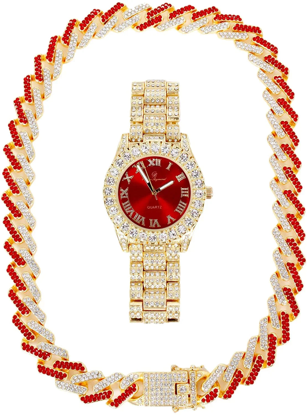 Charles Raymond Ice on Blast! Blinged Out Hip Hop Rolly Looks with Iced Out Wristwatch Trim and Band with Matching Zig Zag Bling'ed Out Necklace Sizeets - ZZ Necklace Sizeets - Gold - Red