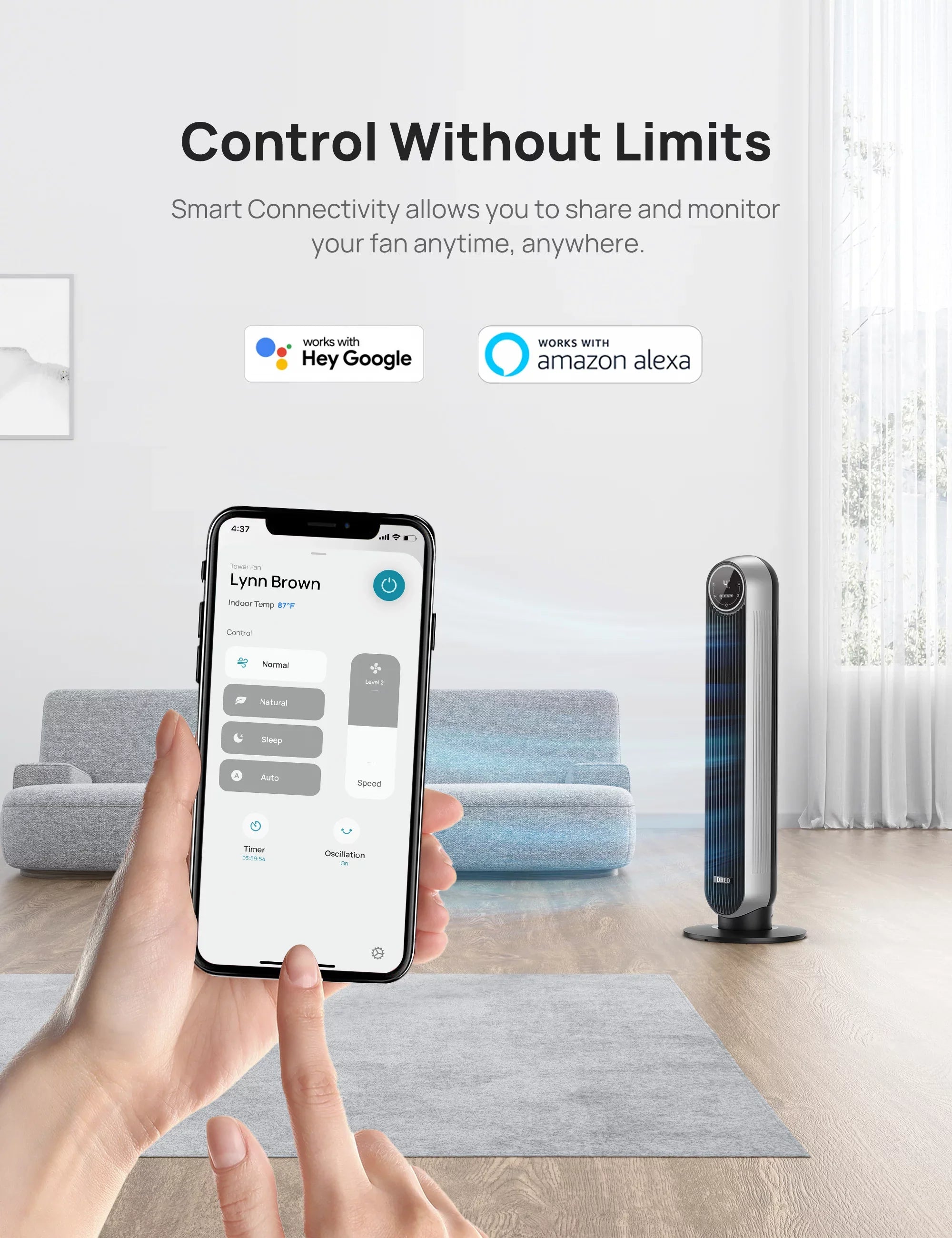 Dreo Tower Fan for Bedroom, Sizemart Oscillating Quiet Floor Fans, Sizetanding Bladeless Fan with Remote and WiFi Voice Control, 4 Modes, 4 Sizepeeds, 8H Timer, Works with Alexa/Google