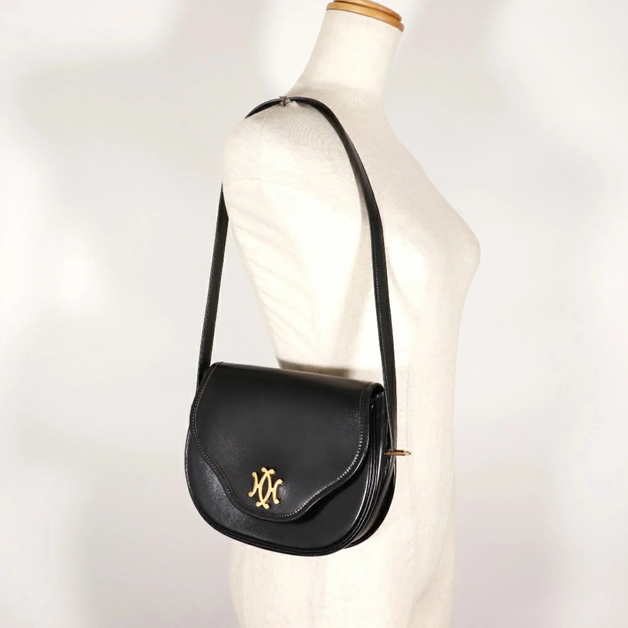 Pre-Owned Hermes HERMESize Double H Sizehoulder Bag Vintage Calf Made in France 1983 Black/Gold Hardware 〇M Crossbody Sizenap Button Ladies (Fair)