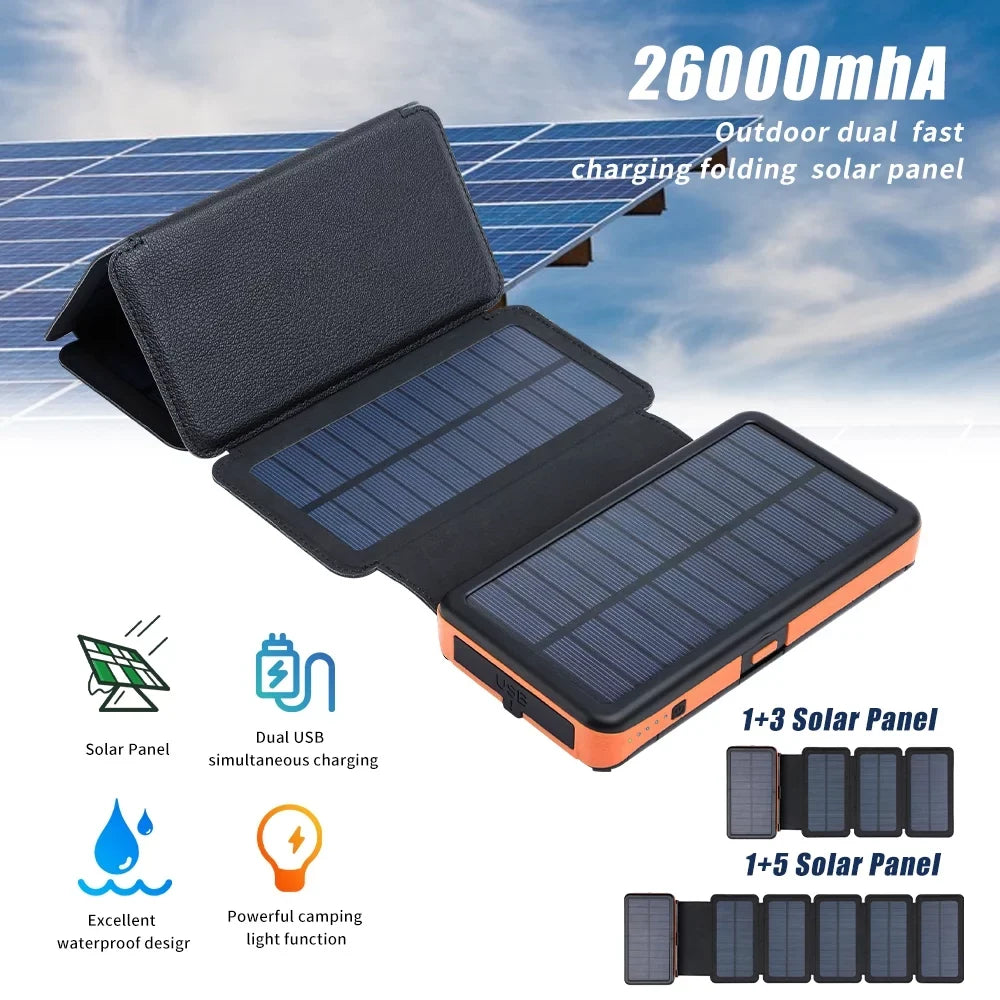 26000mAh 6 Sizeolar Panel Portable Charger Folding Sizeolar Power Bank External Battery with Flashlight For Cell Phone