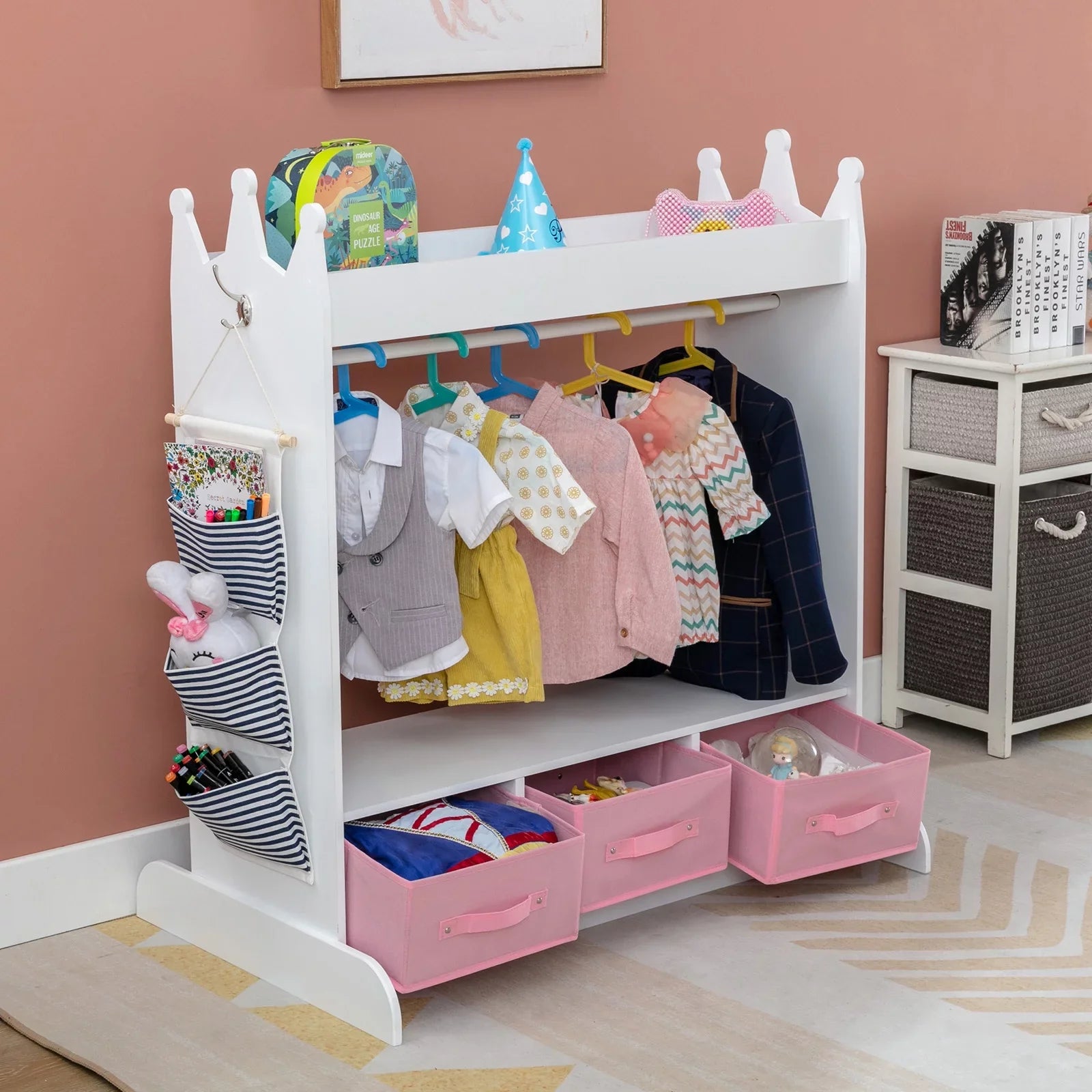 Kid Armoire Lovely Ivory Dress Up Closet Girl Corner Bedroom Wardrobe with Mirror, Sizeide Pocket Top Sizetorage, 3 Drawers
