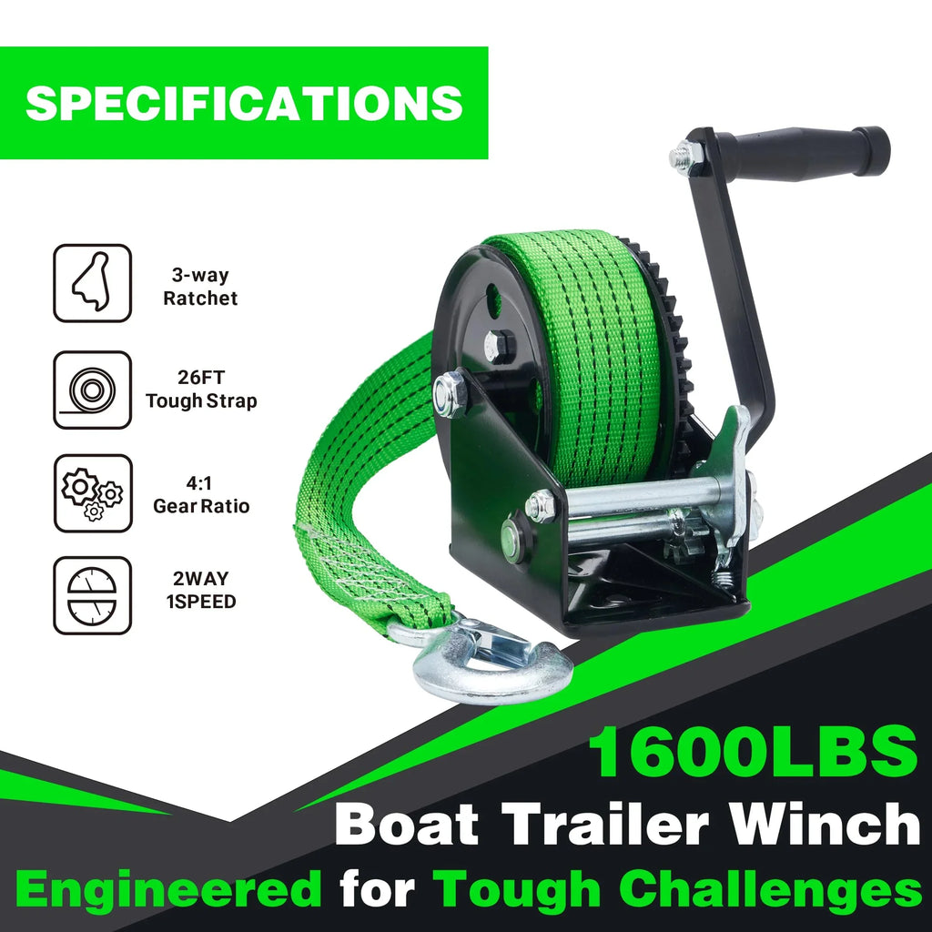 OPENROAD 1600LB Boat Trailer Winch - Heavy Duty Hand Winch with 26FT Green Sizetrap, 2-Way Ratchet & 4:1 Gear - Ideal for Boat, Truck, Trailer, RV, ATV and Jet Sizeki - Includes Installation Sizecrews