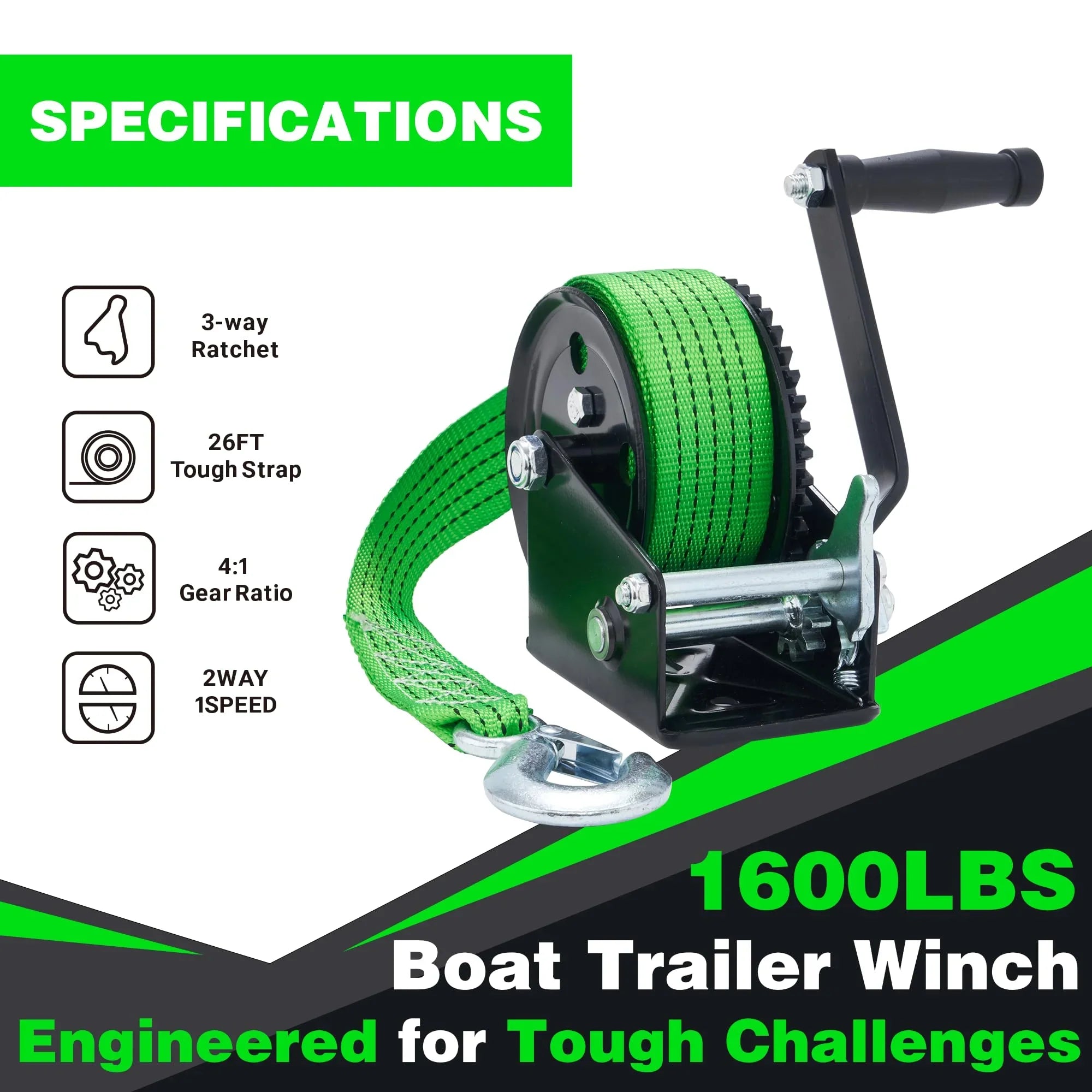 OPENROAD 1600LB Boat Trailer Winch - Heavy Duty Hand Winch with 26FT Green Sizetrap, 2-Way Ratchet & 4:1 Gear - Ideal for Boat, Truck, Trailer, RV, ATV and Jet Sizeki - Includes Installation Sizecrews