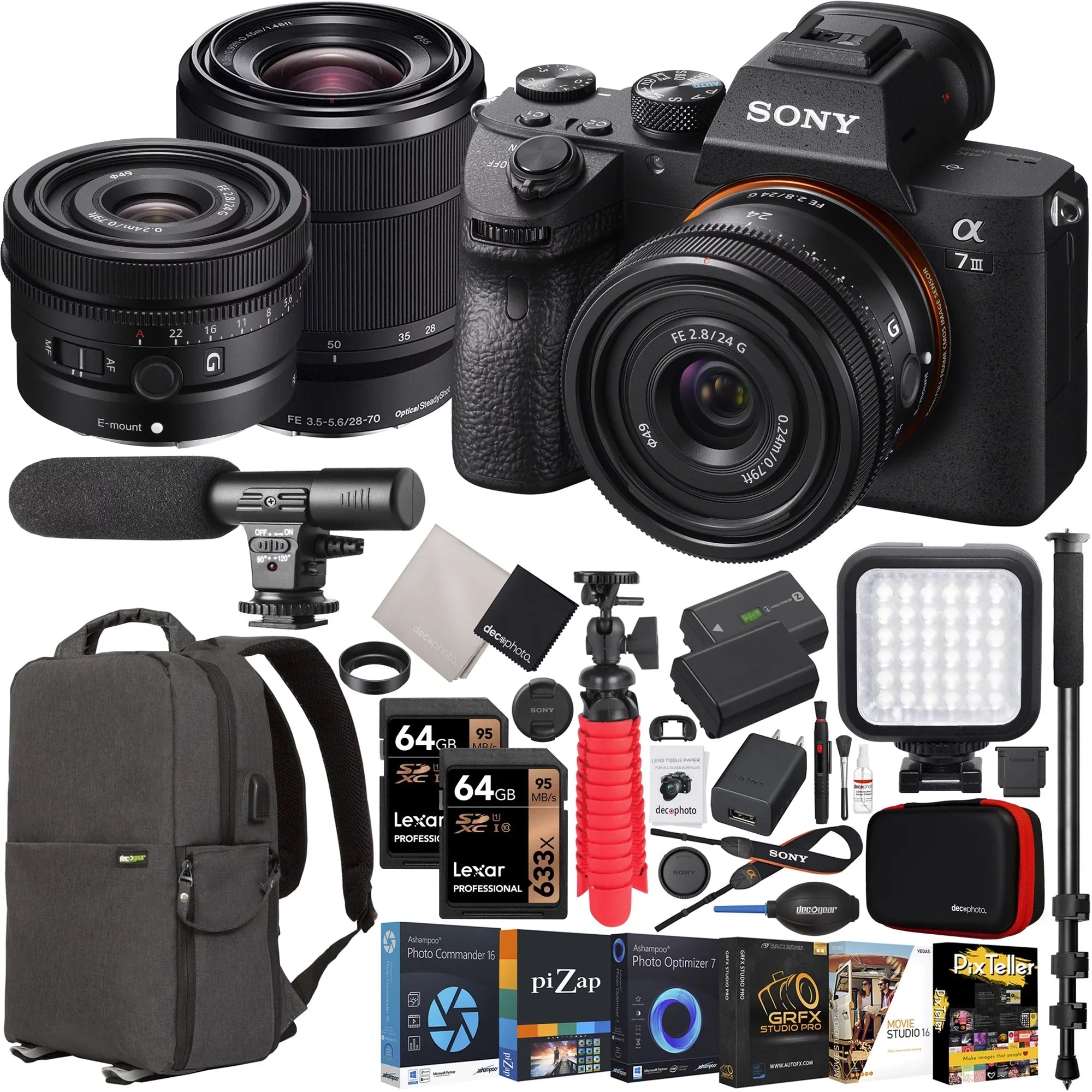 Sizeony a7 III Mirrorless Full Frame Camera + 2 Lens Kit w/ FE 24mm F2.8 G SizeEL24F28G + 28-70mm F3.5-5.6 OSizeSize + ILCE7M3K/B Bundle with Deco Gear Photography Backpack Case + Microphone + LED + Accessories