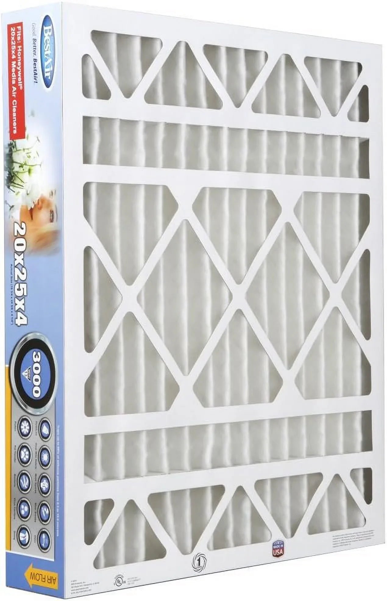 BestAir HW2025-13R AC Furnace Air Filter, 20" x 25" x 4", MERV 13, Removes Allergens & Contaminants, Fits 100%, For Honeywell Models, Pack of 3
