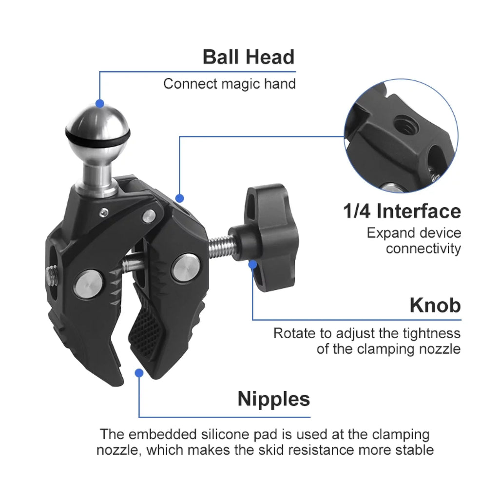 Aluminum Alloy Camera Mount Clamp - Bicycle Handlebar Adapter, 1.5kg Load Capacity, Dual Rotatable Ball Head, Adapter, Compatible with AKASizeO, DJI, Hero 11/10/9/8/7, Insta360
