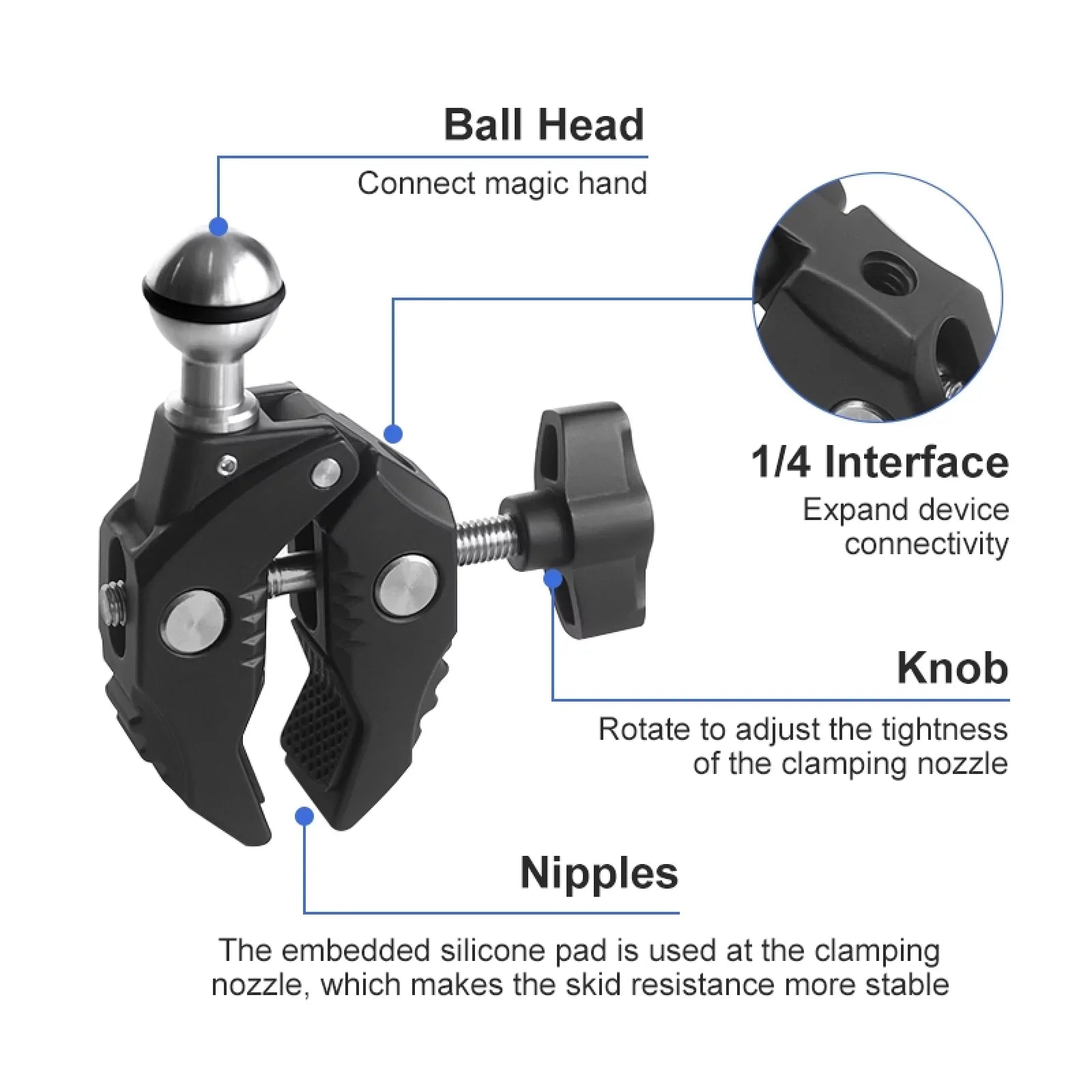 Aluminum Alloy Camera Mount Clamp - Bicycle Handlebar Adapter, 1.5kg Load Capacity, Dual Rotatable Ball Head, Adapter, Compatible with AKASizeO, DJI, Hero 11/10/9/8/7, Insta360