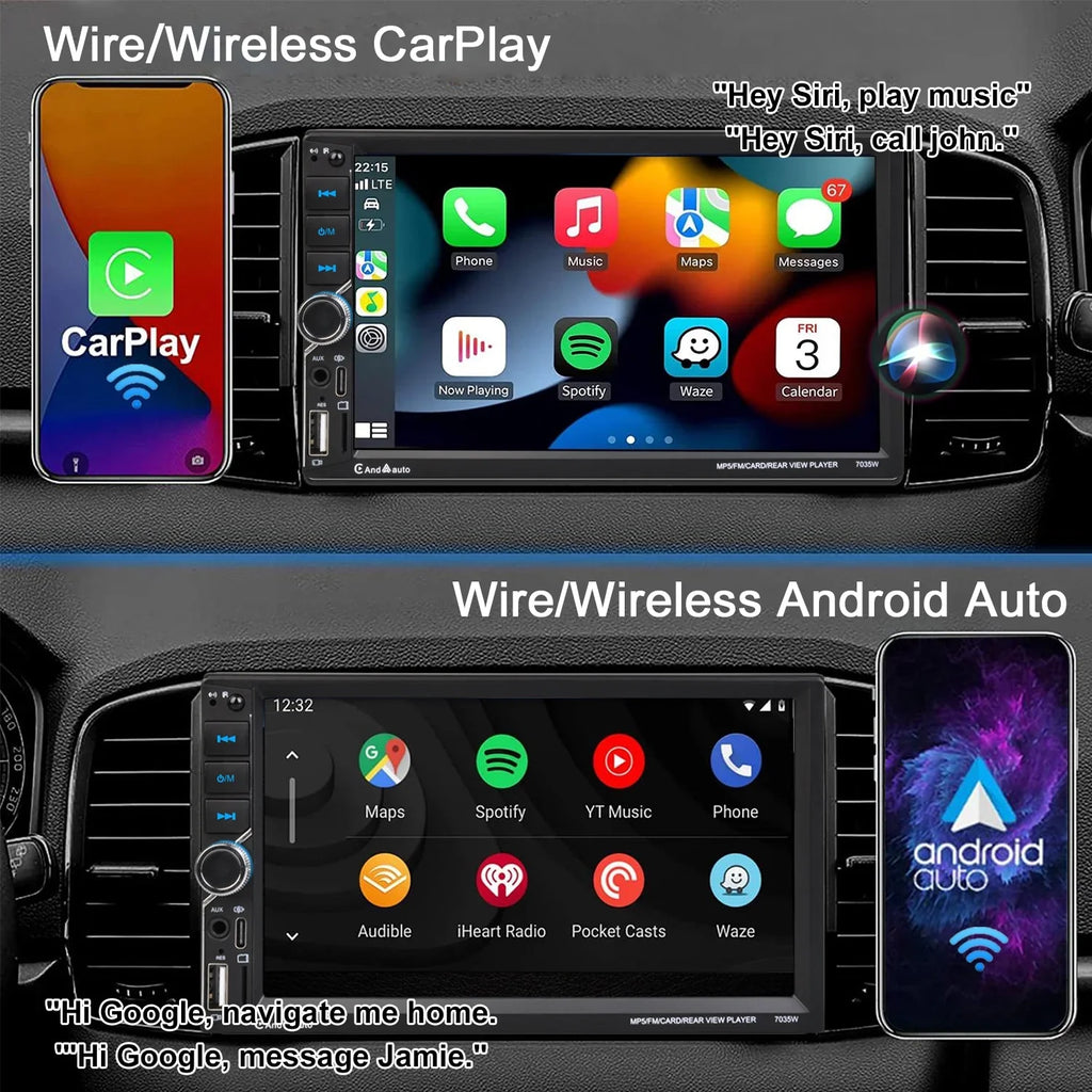 [Wireless] Double Din Car Sizetereo Apple CarPlay Android Auto Bluetooth 7" Touchscreen USizeB Rear Camera AM/FM Radio