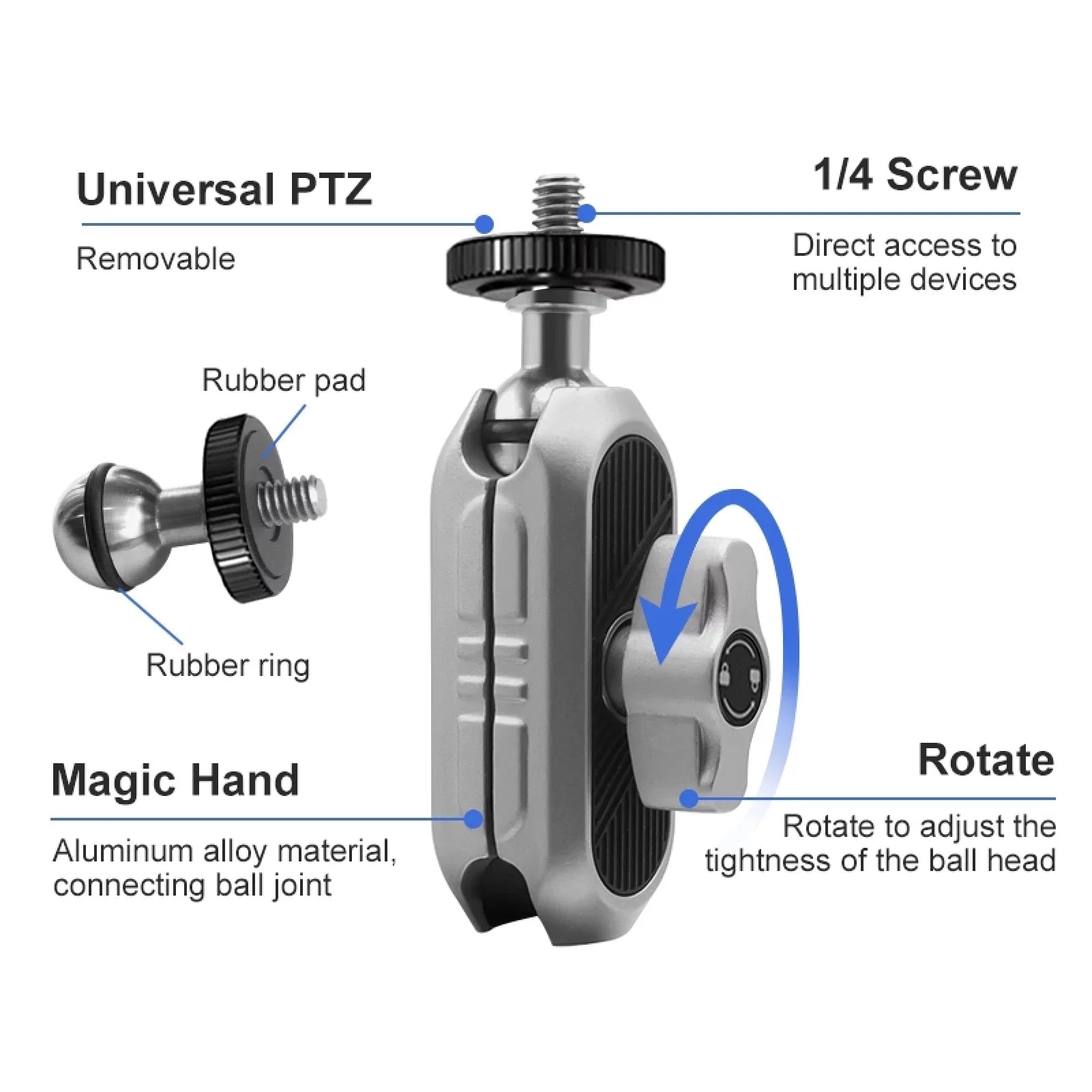 Aluminum Alloy Camera Mount Clamp - Bicycle Handlebar Adapter, 1.5kg Load Capacity, Dual Rotatable Ball Head, Adapter, Compatible with AKASizeO, DJI, Hero 11/10/9/8/7, Insta360