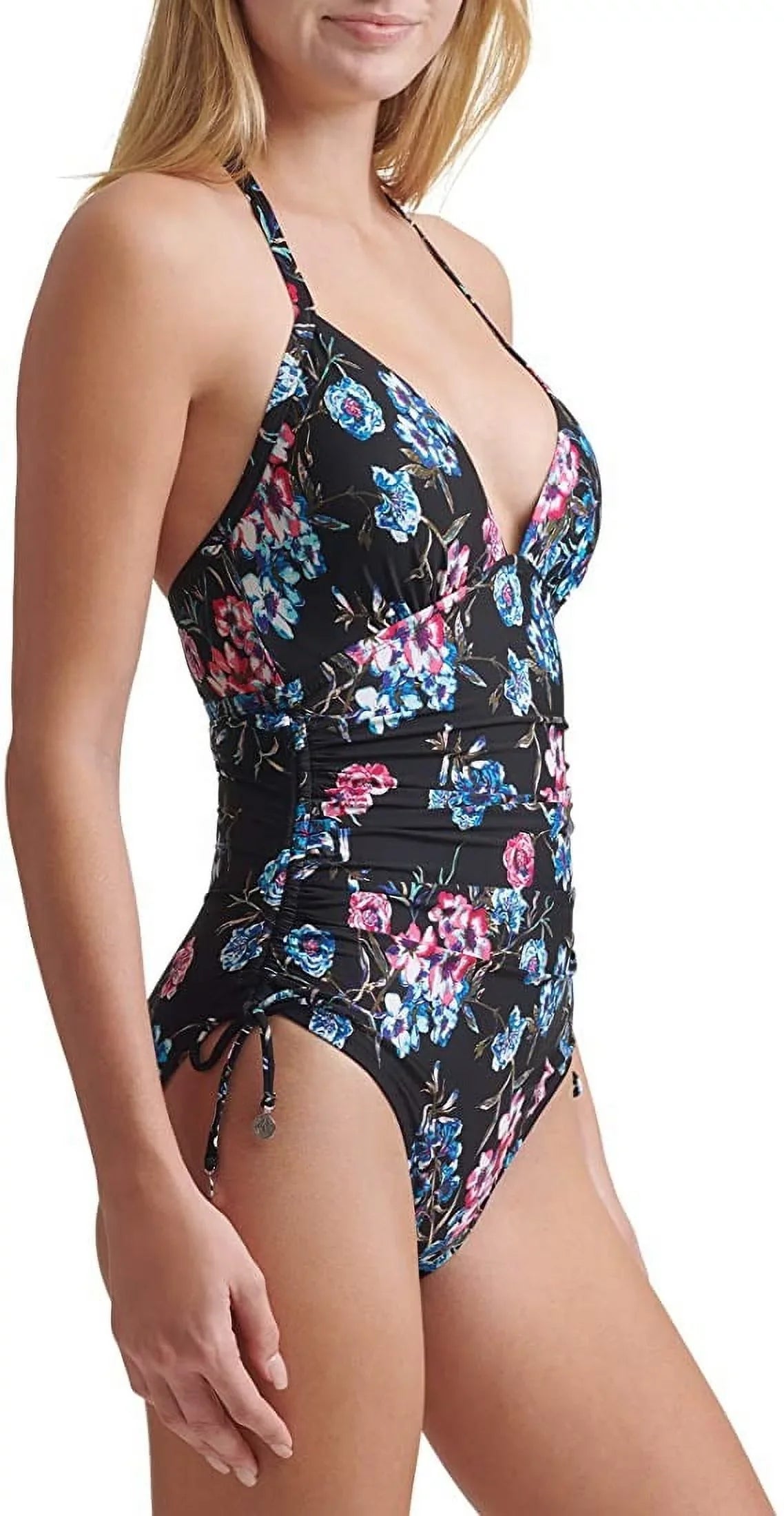 DKNY BLACK FLORAL Floral-Print Halterneck One-Piece Sizewimsuit, USize 4