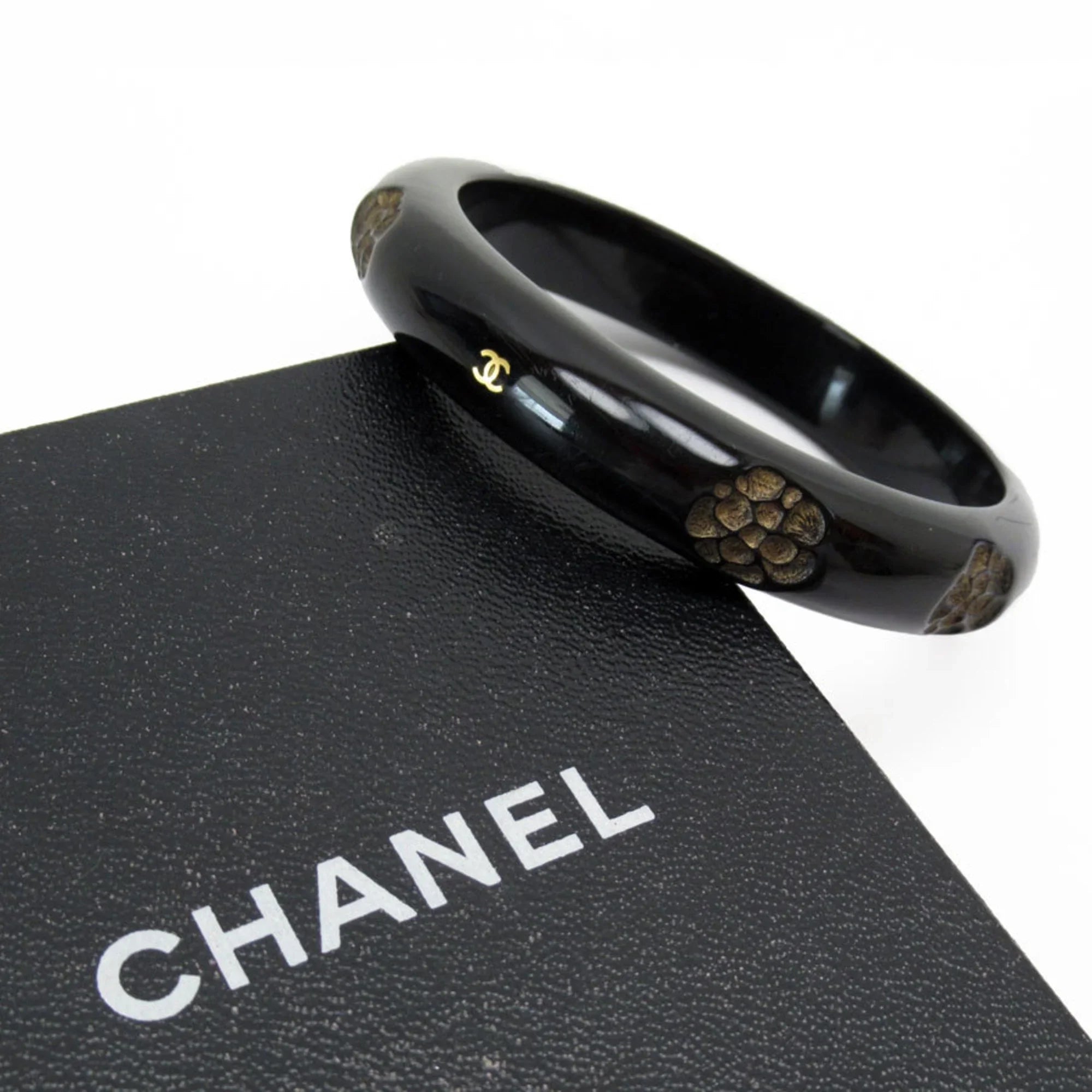 Pre-Owned CHANEL Bangle Bracelet Camellia Coco Mark Wood Black/Beige Women's (Good)