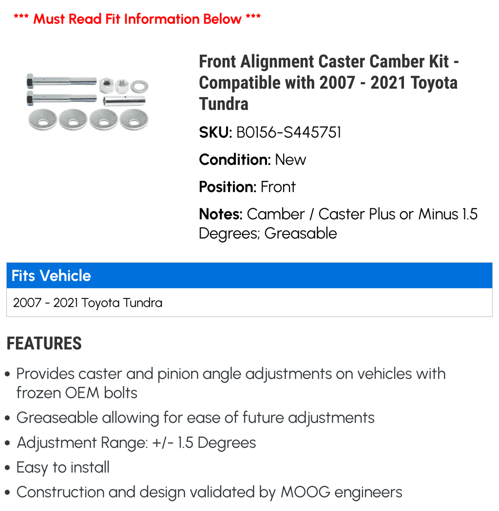 Front Alignment Caster Camber Kit - Compatible with 2007 - 2021 Toyota Tundra 2008 2009 2010 2011 2012 2013 2014 2015 2016 2017 2018 2019 2020 2022