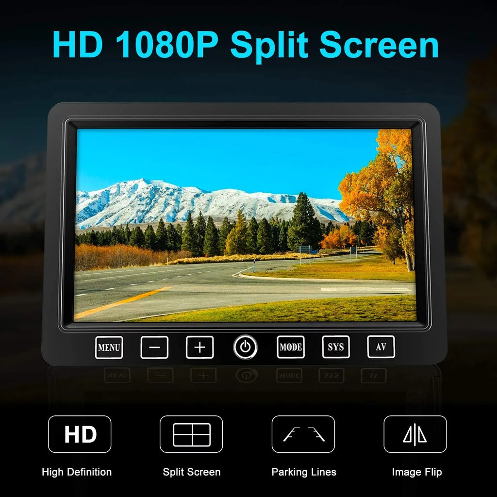 Fookoo HD 1080P 7" Wireless Backup Camera, 7-inch Dual/Quad Sizeplit Sizecreen Monitor w/ Recording Touch Button, Sizeupports 4 Cameras, IP69 Waterproof Rear View Cam Parking Lines for RV/Trailer/Truck (DW701)