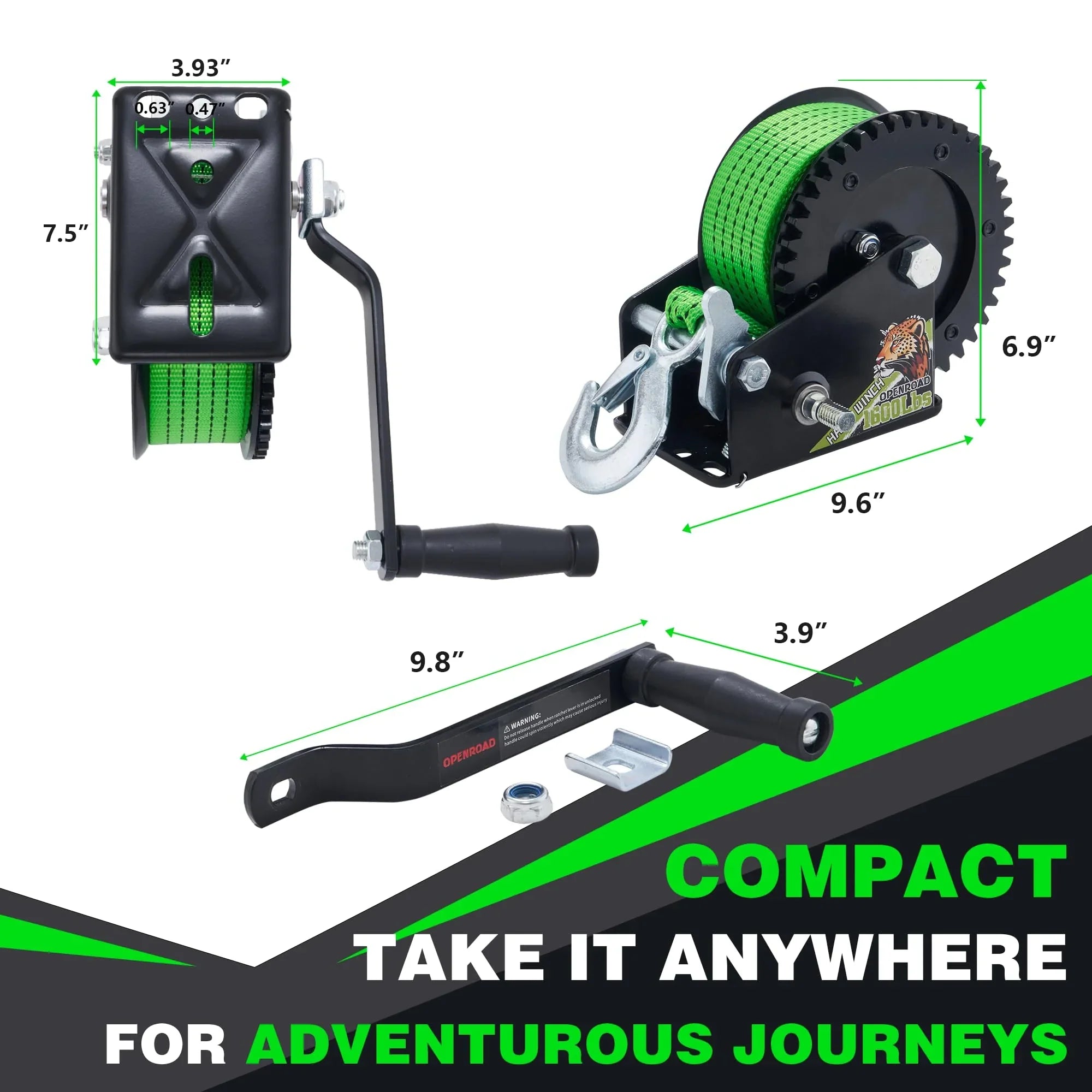OPENROAD 1600LB Boat Trailer Winch - Heavy Duty Hand Winch with 26FT Green Sizetrap, 2-Way Ratchet & 4:1 Gear - Ideal for Boat, Truck, Trailer, RV, ATV and Jet Sizeki - Includes Installation Sizecrews