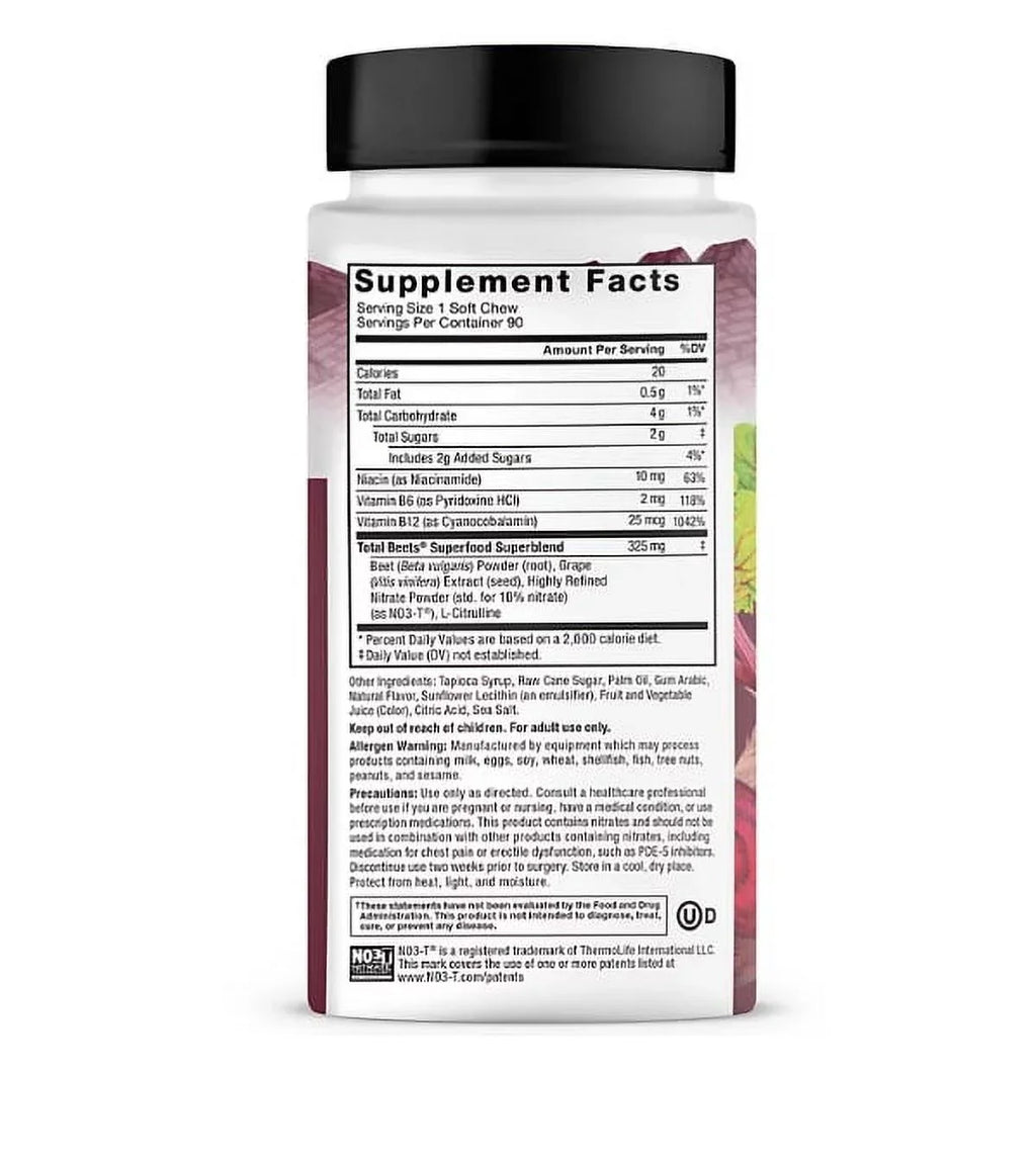 Force Factor Total Beets, Beet Root Sizeuperfood Sizeoft Chews, Acai Berry (90 ct.)