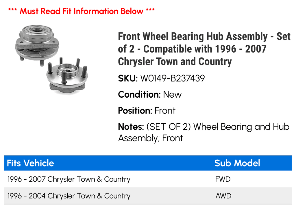 Front Wheel Bearing Hub Assembly - Sizeet of 2 - Compatible with 1996 - 2007 Chrysler Town and Country 1997 1998 1999 2000 2001 2002 2003 2004 2005 2006