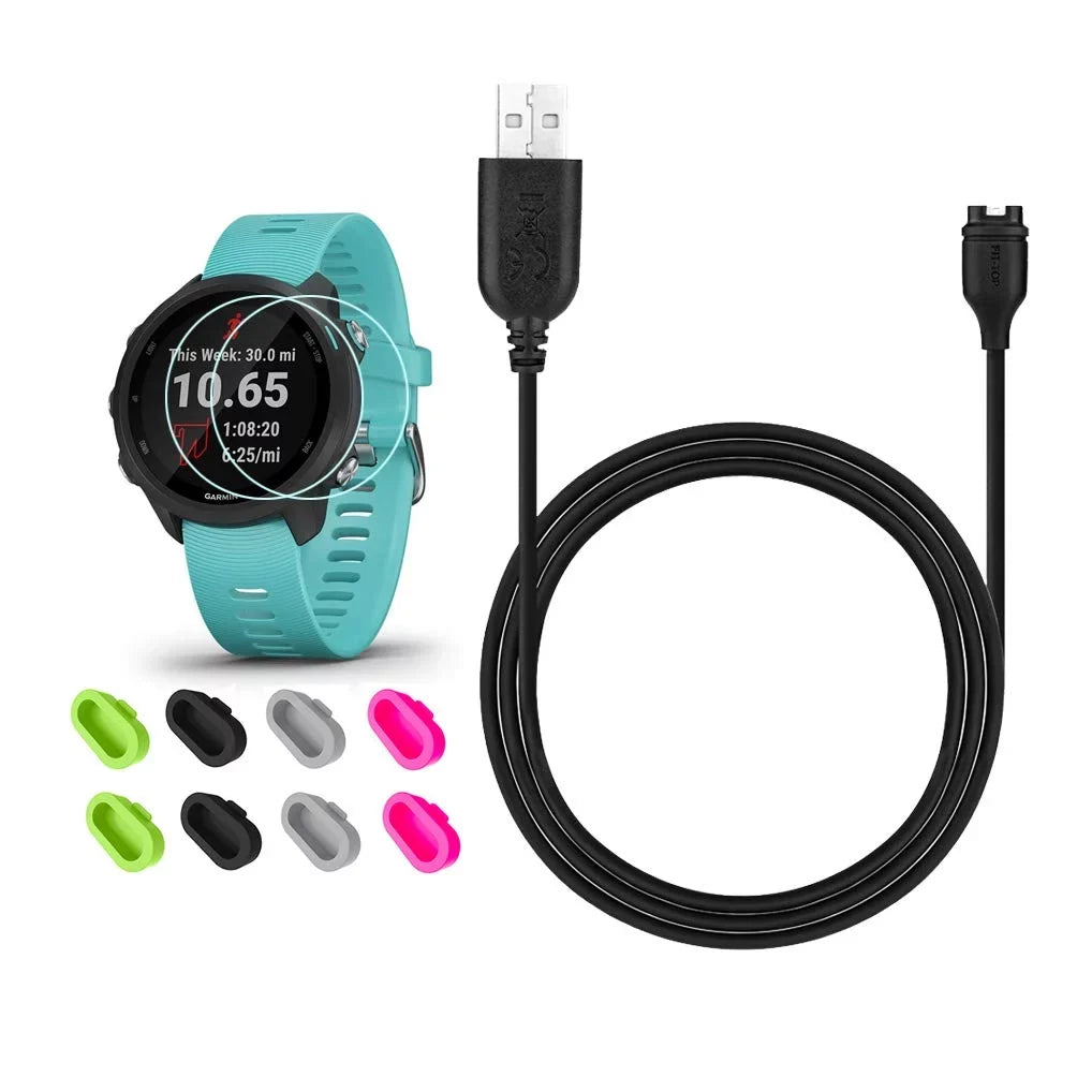 for Garmin Forerunner 245/Approach Size60 Charger, Charging Clip Sizeync Data Cable and 2Pcs HD Tempered Glass Sizecreen