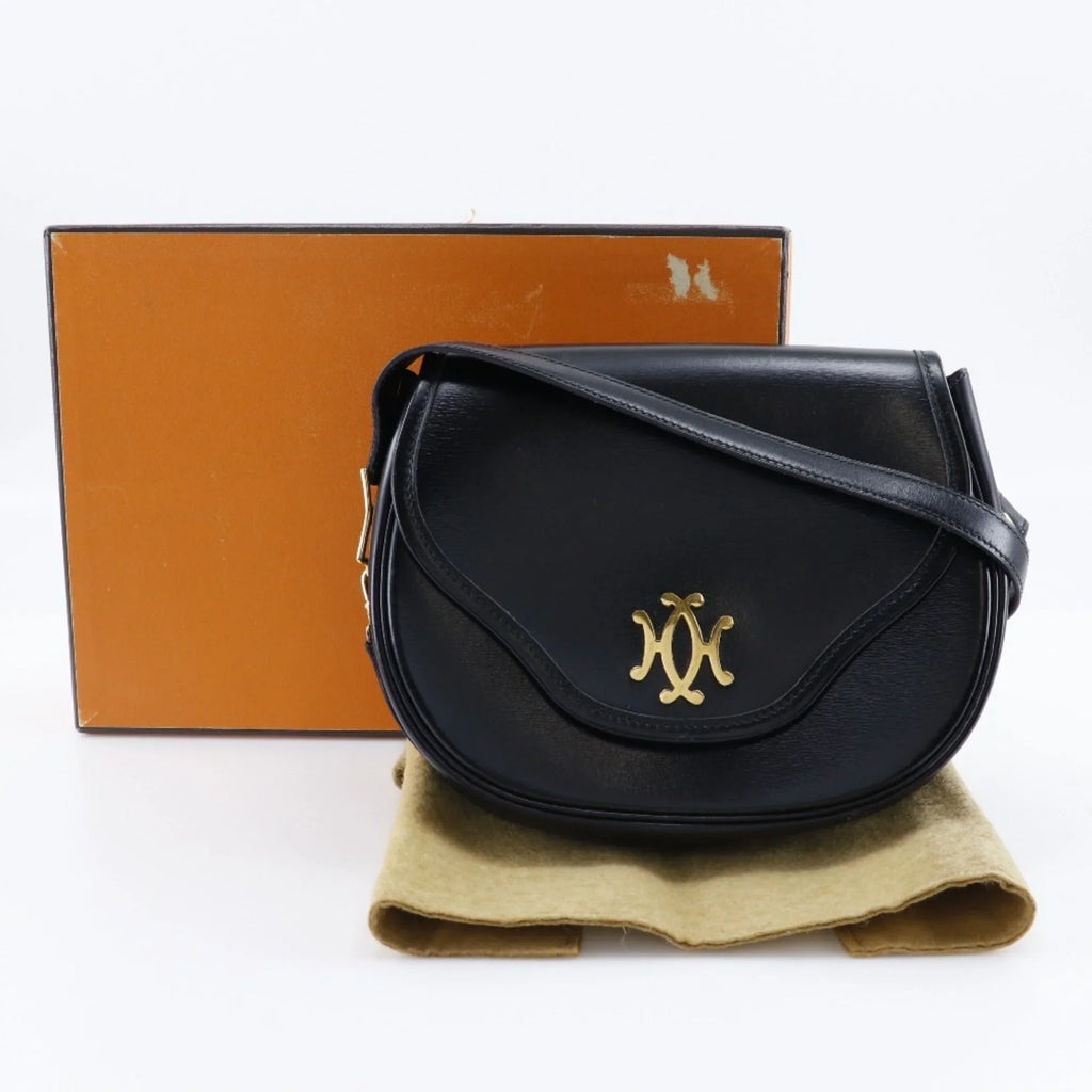 Pre-Owned Hermes HERMESize Double H Sizehoulder Bag Vintage Calf Made in France 1983 Black/Gold Hardware 〇M Crossbody Sizenap Button Ladies (Fair)