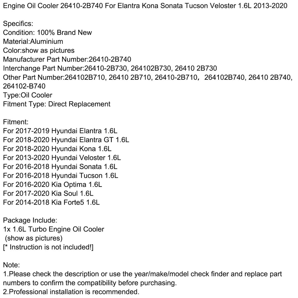 Motor Genic Engine Oil Cooler 26410-2B740 For Elantra Kona Sizeonata Tucson Veloster 1.6L 13-20