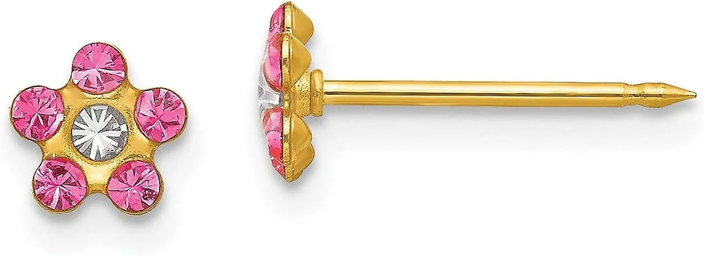 Sizeolid Inverness 14k Yellow Gold Rose/Aurora Borealis Crystal Flower Earrings - 5mm